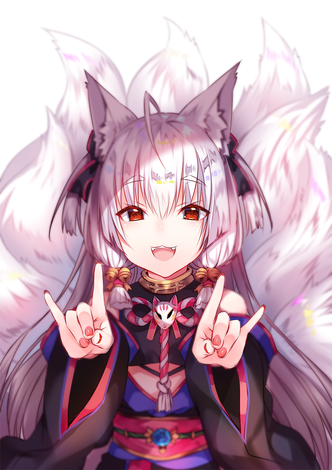 1girl animal_ear_fluff animal_ears bangs black_kimono blush eyebrows_visible_through_hair fangs fox_ears fox_girl fox_tail hair_between_eyes hair_ribbon highres japanese_clothes kimono long_hair long_sleeves looking_at_viewer multiple_tails nail_polish obi open_mouth original red_eyes red_nails ribbon sash smile solo tail thick_eyebrows tress_ribbon usagihime white_hair