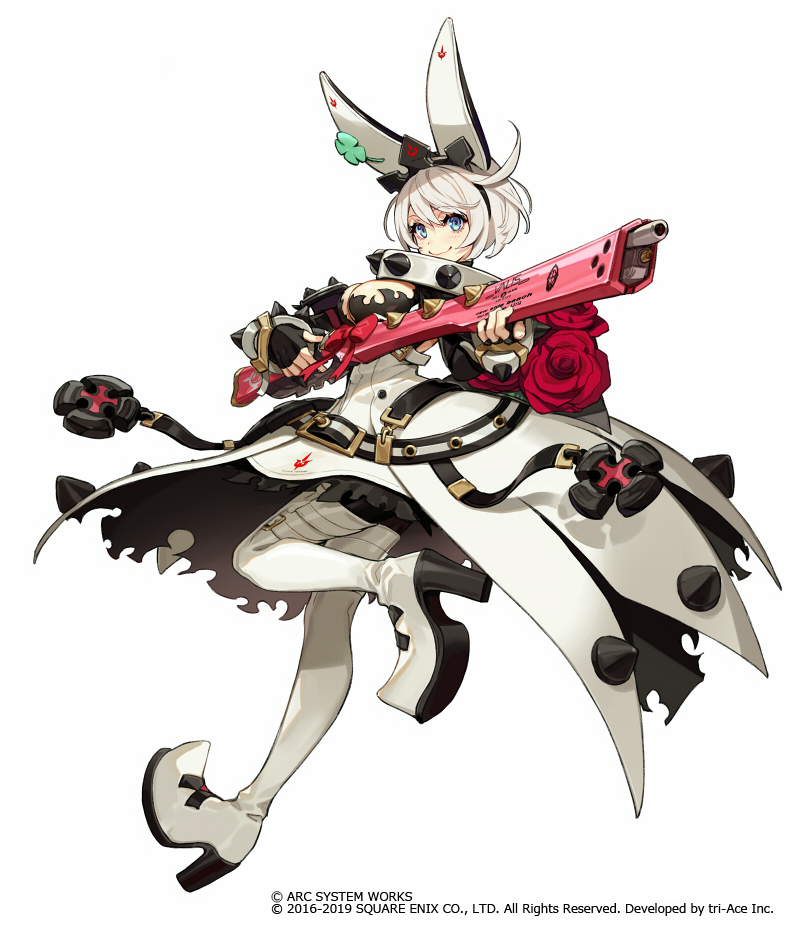 1girl animal_ears black_gloves black_hairband blue_eyes boots collar company_name dated elphelt_valentine fake_animal_ears fingerless_gloves flower full_body gloves guilty_gear gun hairband high_heel_boots high_heels holding holding_gun holding_weapon official_art rose short_hair simple_background smile solo spiked_collar spikes standing thigh-highs thigh_boots watermark weapon white_background white_footwear white_hair yuu_(higashi_no_penguin)