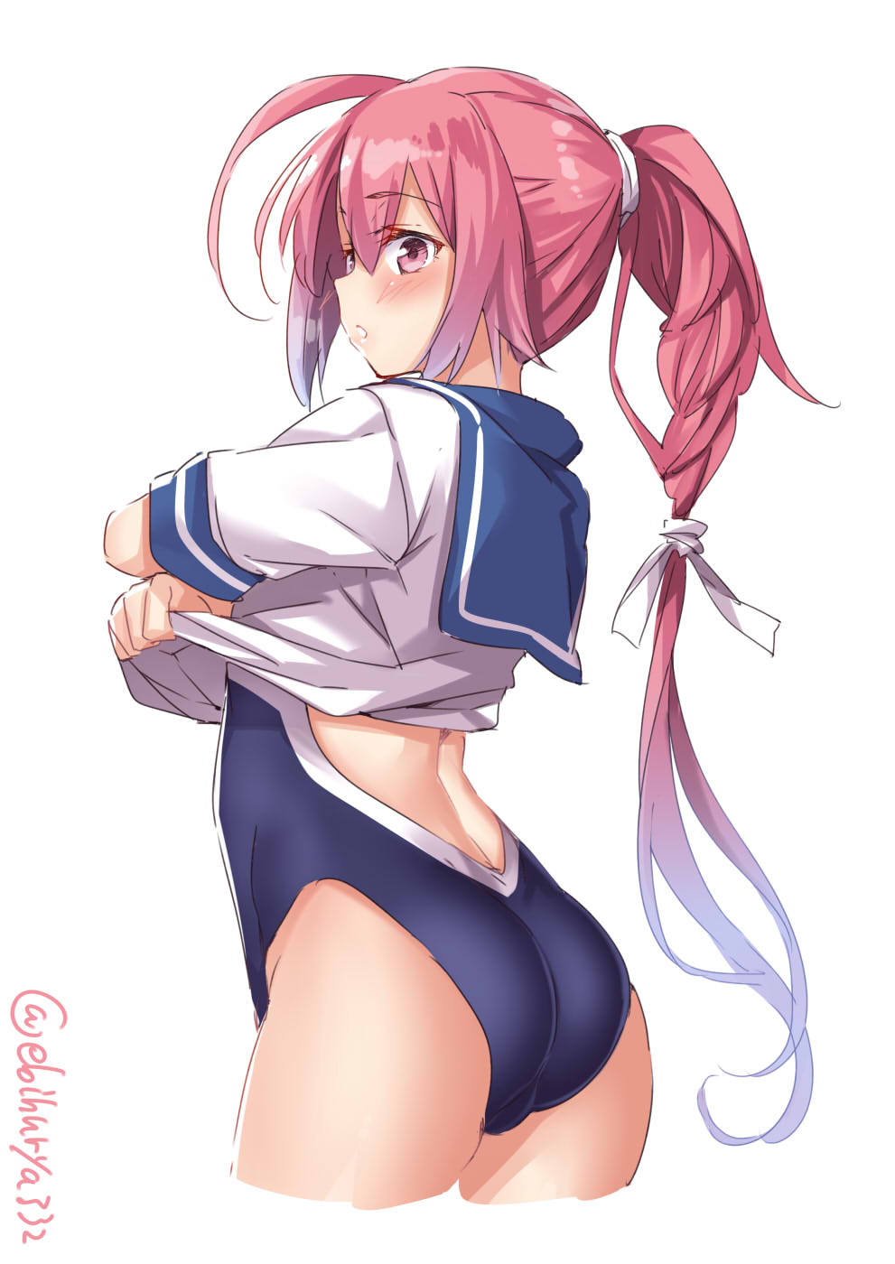 1girl ahoge arched_back ass blush bow butt_crack cowboy_shot ebifurya eyebrows_visible_through_hair from_side hair_bow hair_ribbon highres i-168_(kantai_collection) kantai_collection long_hair looking_at_viewer low_ponytail one-piece_swimsuit pink_hair ponytail redhead ribbon school_swimsuit school_uniform serafuku short_sleeves solo swimsuit swimsuit_under_clothes thighs twitter_username undressing very_long_hair