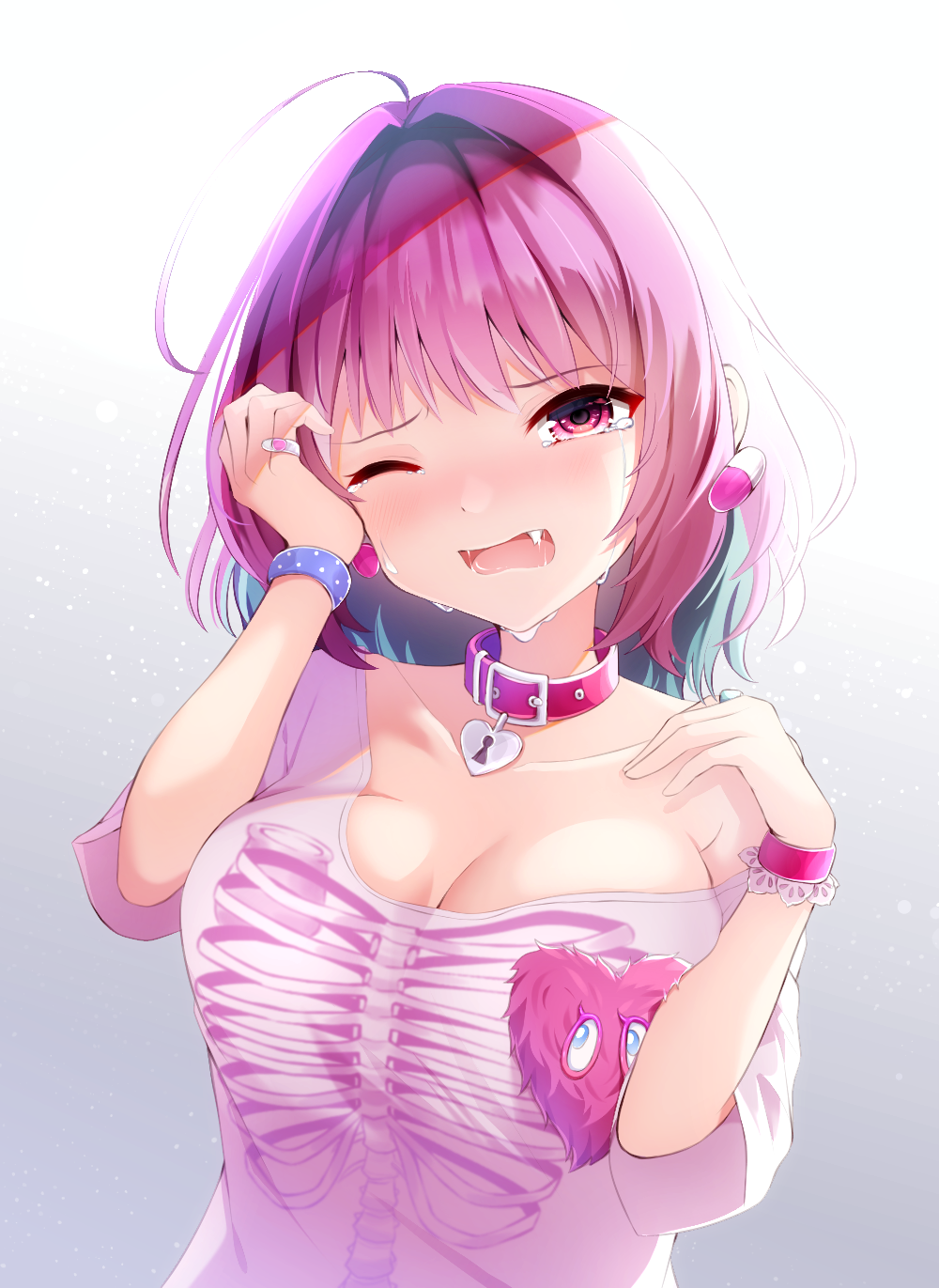 1girl ahoge bare_shoulders blue_hair blush breasts cleavage collar collarbone commentary_request crying crying_with_eyes_open fang hair_intakes hand_up head_tilt heart_collar highres idolmaster idolmaster_cinderella_girls keyhole large_breasts multicolored_hair nya_rl off_shoulder open_mouth pill_earrings pink_hair print_shirt red_collar red_eyes saliva shirt skeleton_print solo t-shirt tears two-tone_hair upper_body white_shirt yumemi_riamu