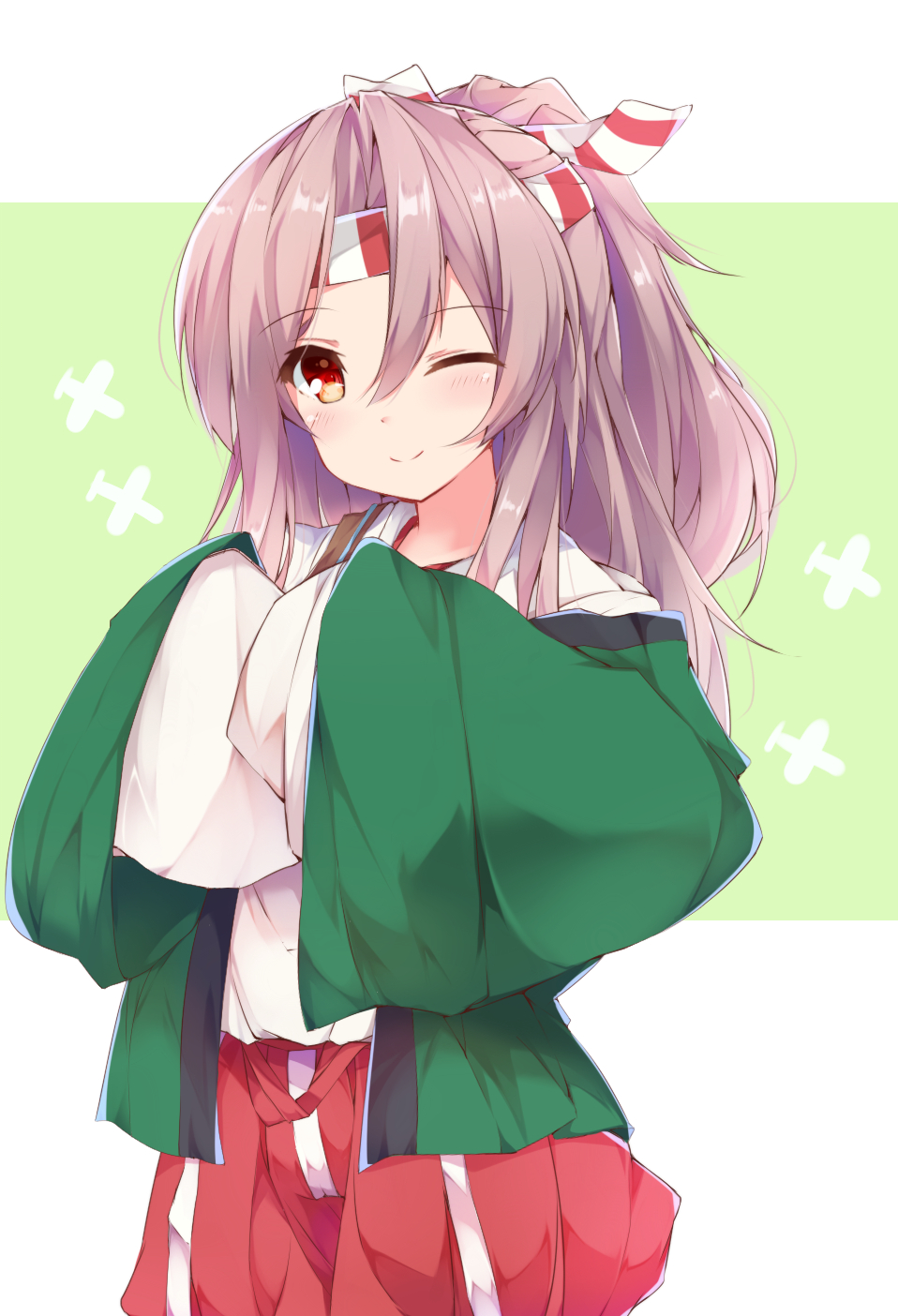 1girl ;) bangs blush brown_hair closed_mouth commentary_request eyebrows_visible_through_hair fuuna green_background hachimaki hair_between_eyes hakama_pants haori headband high_ponytail highres japanese_clothes kantai_collection kimono long_hair long_sleeves one_eye_closed pants ponytail red_eyes red_pants sleeves_past_fingers sleeves_past_wrists smile solo two-tone_background white_background white_kimono wide_sleeves zuihou_(kantai_collection)