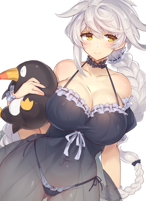 1girl asymmetrical_hair babydoll bare_shoulders black_bow black_panties blush bow braid breasts choker cleavage collarbone covered_navel failure_penguin frilled_choker frills gluteal_fold hair_bow hip_focus huge_breasts jitome kantai_collection long_hair panties puffy_short_sleeves puffy_sleeves scrunchie see-through short_sleeves side-tie_panties silver_hair simple_background single_braid smile solo underwear unryuu_(kantai_collection) very_long_hair wavy_hair white_background wide_hips yamaarashi yellow_eyes