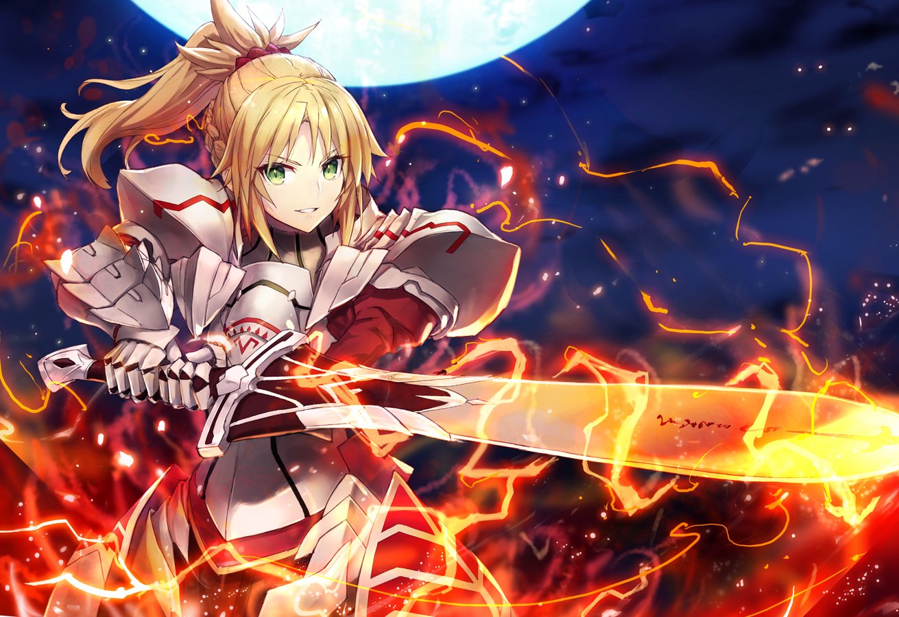 1girl armor armored_dress bangs blonde_hair braid breasts dress eyebrows_visible_through_hair fate/grand_order fate_(series) fire full_moon gabiran green_eyes holding holding_sword holding_weapon lightning long_hair looking_at_viewer moon mordred_(fate)_(all) night outdoors parted_lips ponytail red_dress sky smile solo star_(sky) starry_sky sword weapon