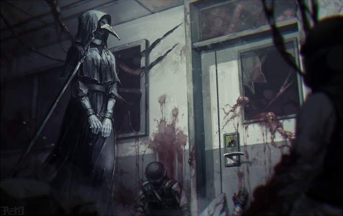 3boys amemidori black_gloves blood blood_on_wall broken_glass commentary_request death door glass gloves helmet hooded hooded_robe military military_uniform multiple_boys plague_doctor scp-049 scp_foundation uniform