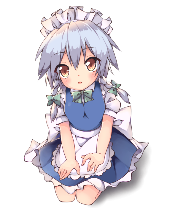 1girl apron blue_skirt blue_vest bow bowtie braid breasts cycloneyukari eyebrows_visible_through_hair frilled_skirt frills green_neckwear hair_between_eyes hair_ribbon hands_on_lap head_tilt izayoi_sakuya looking_at_viewer maid_headdress parted_lips puffy_short_sleeves puffy_sleeves red_eyes ribbon seiza shiny shiny_hair shirt short_hair short_sleeves silver_hair simple_background sitting skirt small_breasts solo touhou tress_ribbon twin_braids vest waist_apron white_background white_shirt