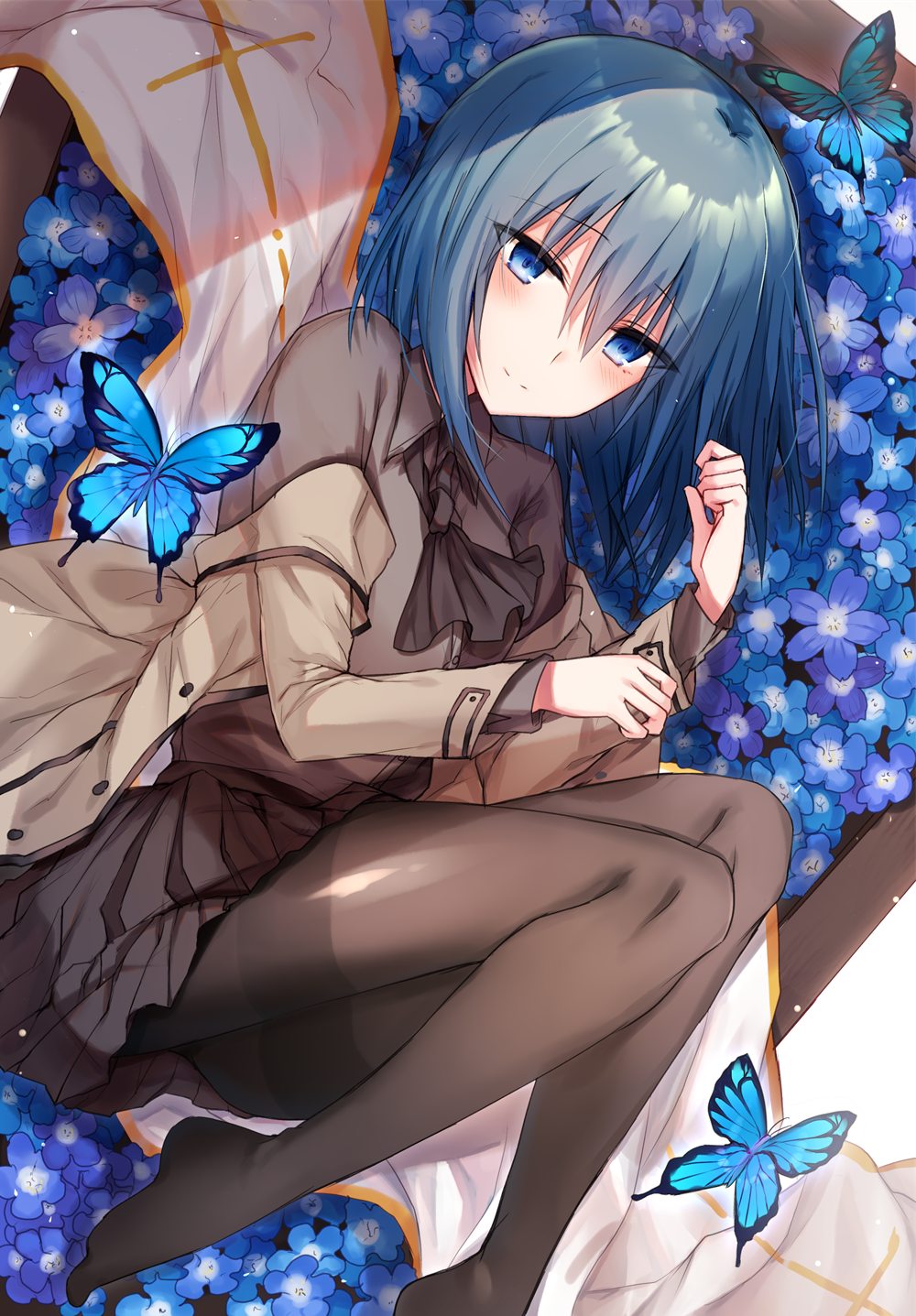 1girl animal bangs blue_eyes blue_flower blue_hair blush brown_jacket brown_legwear brown_shirt brown_skirt bug butterfly closed_mouth collared_shirt commentary_request cross dress_shirt eyebrows_visible_through_hair flower hair_between_eyes highres insect jacket kinona long_hair long_sleeves looking_at_viewer lying no_shoes off_shoulder on_side open_clothes open_jacket original pantyhose pleated_skirt purple_flower shirt skirt smile solo thighband_pantyhose