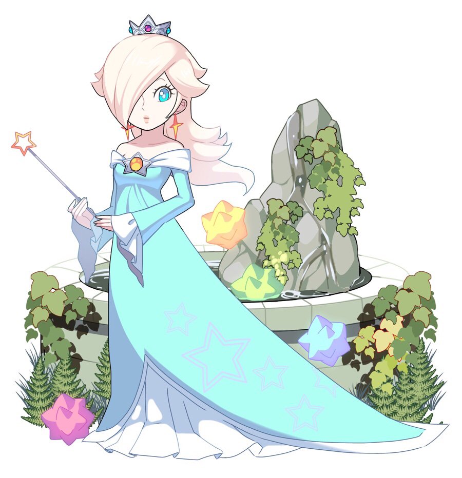 1girl aqua_dress bare_shoulders blonde_hair blue_eyes breasts bright_pupils closed_mouth crown dress earrings full_body gem hair_over_one_eye holding holding_wand jewelry long_hair long_sleeves super_mario_bros. nintendo off-shoulder_dress off_shoulder omochi_(glassheart_0u0) plant platinum_blonde_hair rosalina sleeves_past_wrists small_breasts solo standing star super_mario_galaxy wand water white_background white_pupils wide_sleeves