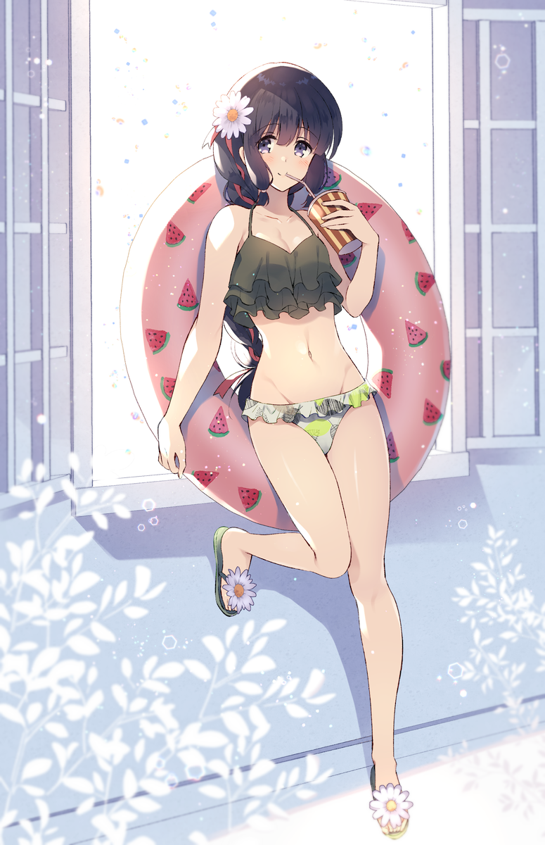 1girl alternate_costume bare_shoulders bikini black_hair braid breasts cup drinking_straw eyebrows_visible_through_hair flower frilled_bikini frills full_body green_bikini_top hair_flower hair_ornament highres holding holding_cup kantai_collection kitakami_(kantai_collection) komi_zumiko long_hair medium_breasts midriff navel red_ribbon ribbon sandals single_braid smile solo swimsuit violet_eyes white_bikini_bottom