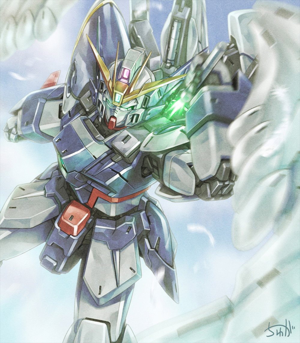 beam_saber commentary_request drawing_sword feathered_wings glowing glowing_eyes green_eyes gundam gundam_wing gundam_wing_endless_waltz mecha no_humans signature sky solo tyuga wing_gundam_zero_custom wings