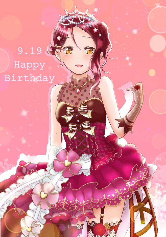 1girl :d asymmetrical_hair black_legwear breasts bustier cleavage cowboy_shot dated diadem earrings garter_straps gloves grey_gloves hair_between_eyes happy_birthday jewelry layered_skirt looking_at_viewer love_live! love_live!_sunshine!! miniskirt necklace open_mouth pink_background polka_dot red_skirt redhead sakurauchi_riko skirt small_breasts smile solo sparkle standing thigh-highs vertical-striped_gloves wal---dg7sdr-0128 yellow_eyes