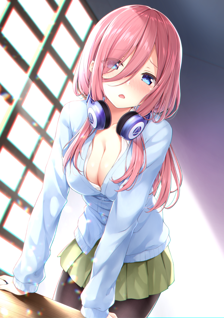 1girl bangs black_legwear blue_cardigan blue_eyes blush breasts chromatic_aberration cleavage commentary_request curtains eyebrows_visible_through_hair eyes_visible_through_hair go-toubun_no_hanayome green_skirt hair_between_eyes hair_over_one_eye headphones headphones_around_neck indoors karutamo large_breasts leaning_forward light_particles long_hair long_sleeves looking_at_viewer nakano_miku open_mouth pantyhose pink_hair pleated_skirt shirt skirt solo white_shirt window