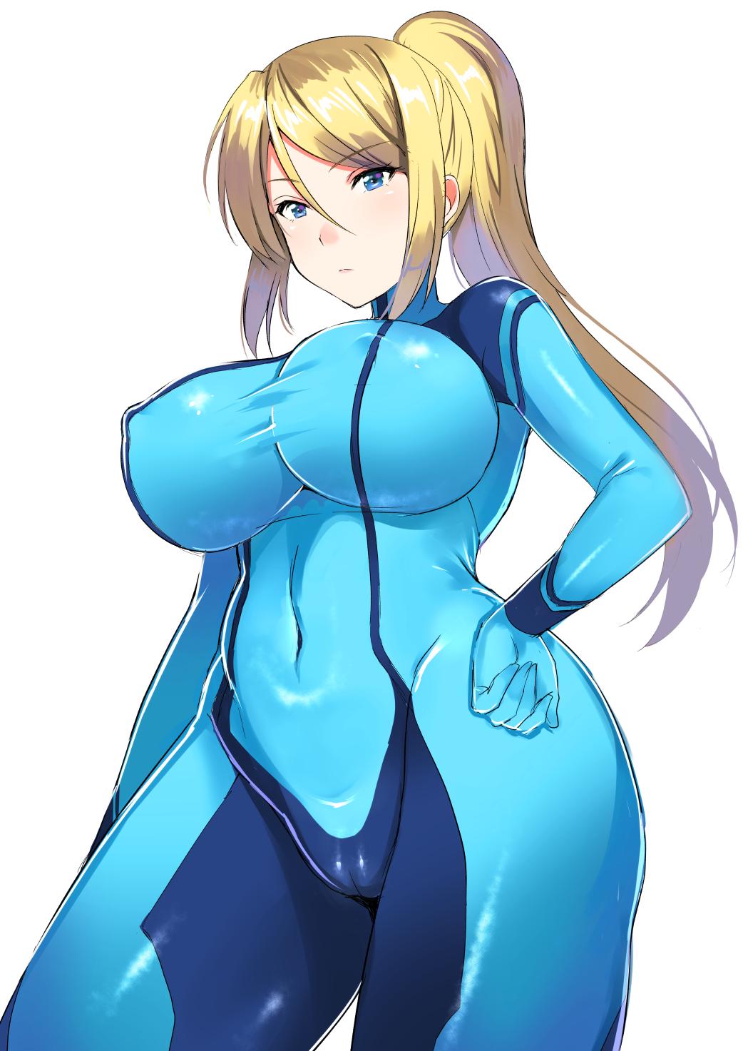 1girl ameno_shigure blonde_hair blue_bodysuit blue_eyes bodysuit closed_mouth covered_navel cowboy_shot erect_nipples hand_on_hip high_ponytail highres impossible_bodysuit impossible_clothes long_hair looking_at_viewer metroid nintendo samus_aran skin_tight solo taut_clothes zero_suit