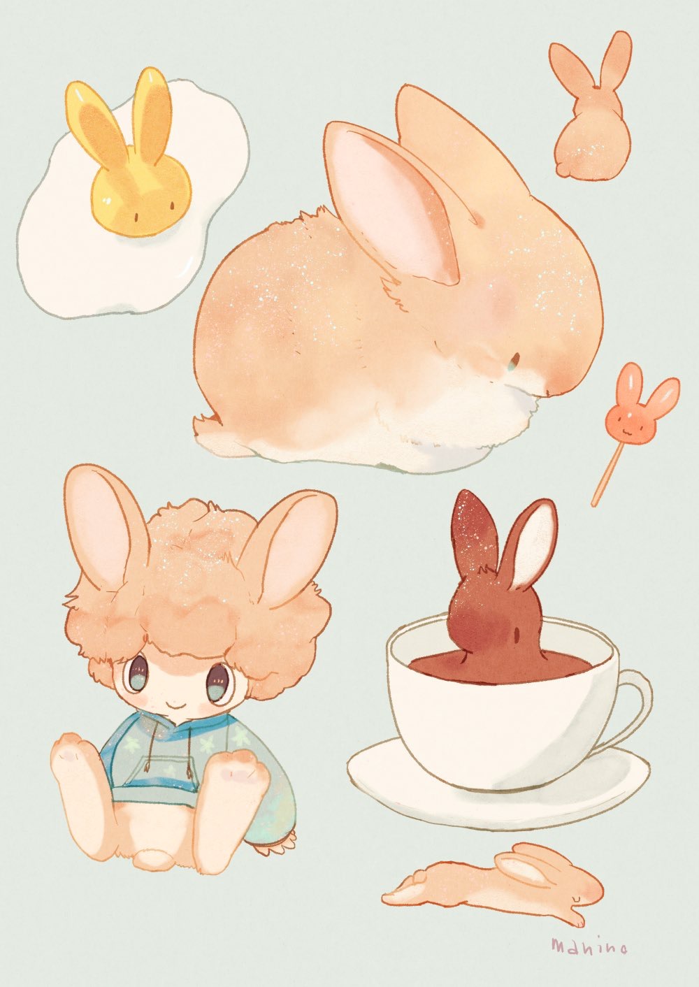 1boy afro animal animal_ears animal_focus blue_background blue_eyes blue_hoodie brown_hair bunny_tail closed_mouth cup drawstring fried_egg furry highres hood hoodie male_focus manino_(mofuritaionaka) original rabbit rabbit_ears signature simple_background sitting smile tail teacup