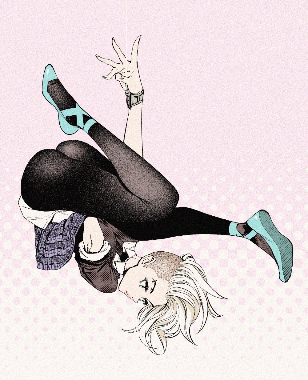 1girl asymmetrical_hair ballet_slippers blonde_hair eyebrow_piercing gwen_stacy highres limited_palette looking_to_the_side marvel necktie pantyhose parted_lips piercing pink_background polka_dot polka_dot_background school_uniform shinya_komi silk skirt solo spider-man:_into_the_spider-verse spider-man_(series) spider_web upside-down web_shooter