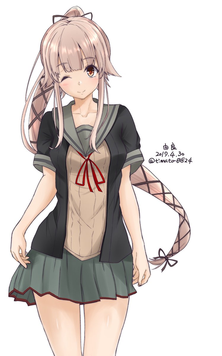 1girl black_jacket black_ribbon brown_eyes character_name cowboy_shot dated grey_sailor_collar grey_skirt hair_flaps hair_ribbon highres jacket kantai_collection long_hair looking_at_viewer neck_ribbon one_eye_closed pink_hair ponytail red_ribbon remodel_(kantai_collection) ribbon sailor_collar school_uniform serafuku short_sleeves skirt solo timato very_long_hair white_background yura_(kantai_collection)