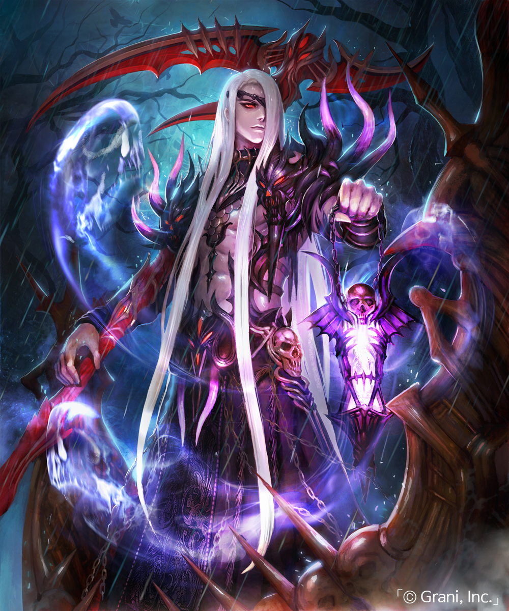 1boy bare_tree company_name eyepatch ghost highres holding holding_lantern holding_weapon kei1115 lantern long_hair midriff muscle night outdoors over_shoulder red_eyes scythe shoulder_armor skull solo standing tree very_long_hair watermark weapon white_hair