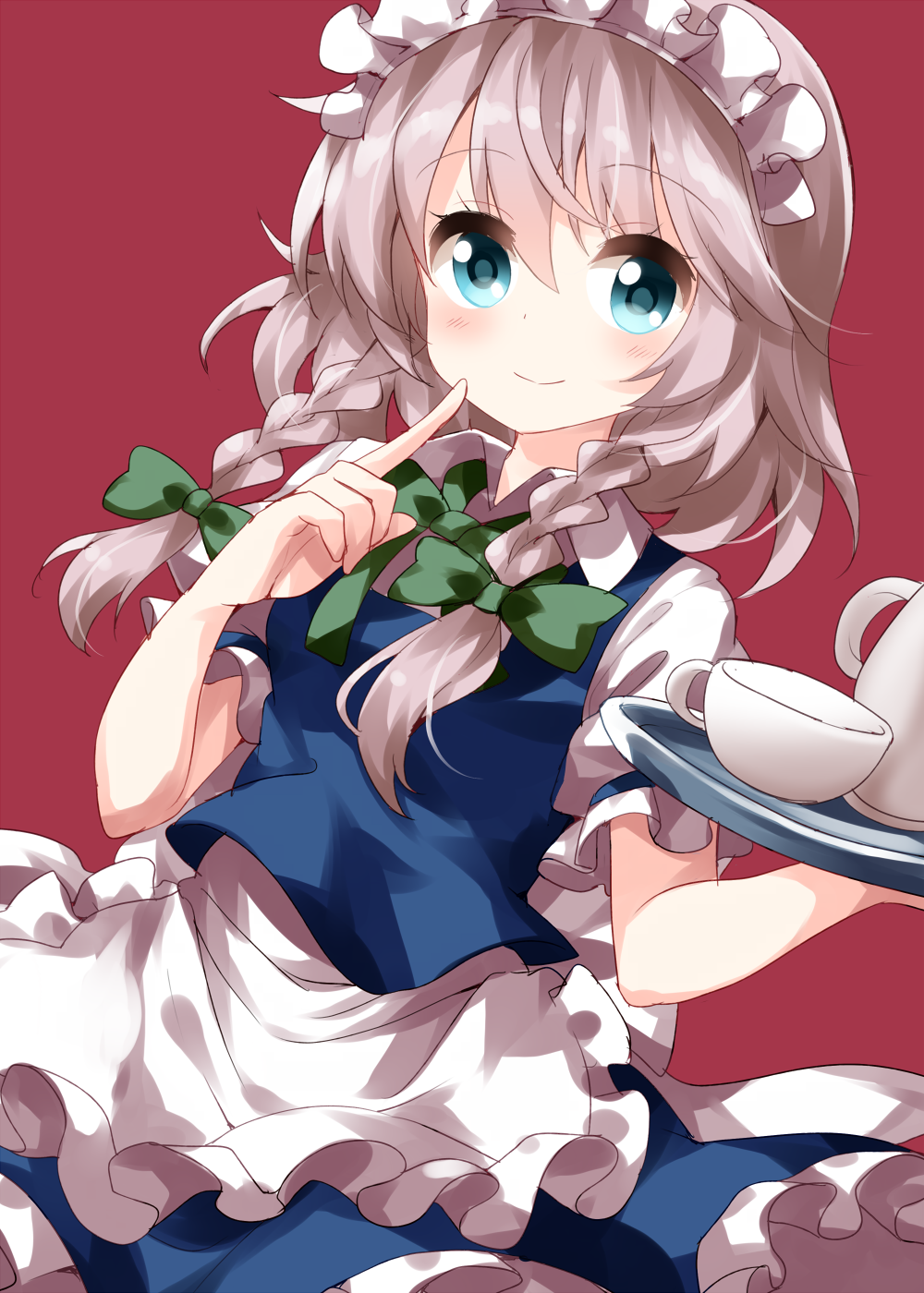 1girl apron bangs blue_eyes blue_skirt blue_vest blush bow braid breasts commentary_request cowboy_shot cup eyebrows_visible_through_hair finger_to_cheek frilled_apron frills green_bow green_neckwear green_ribbon hair_between_eyes hair_bow hand_up highres holding holding_tray izayoi_sakuya looking_at_viewer maid maid_apron maid_headdress neck_ribbon petticoat puffy_short_sleeves puffy_sleeves red_background ribbon ruu_(tksymkw) shirt short_hair short_sleeves silver_hair simple_background skirt skirt_set small_breasts smile solo teacup teapot touhou tray twin_braids vest waist_apron white_apron white_shirt