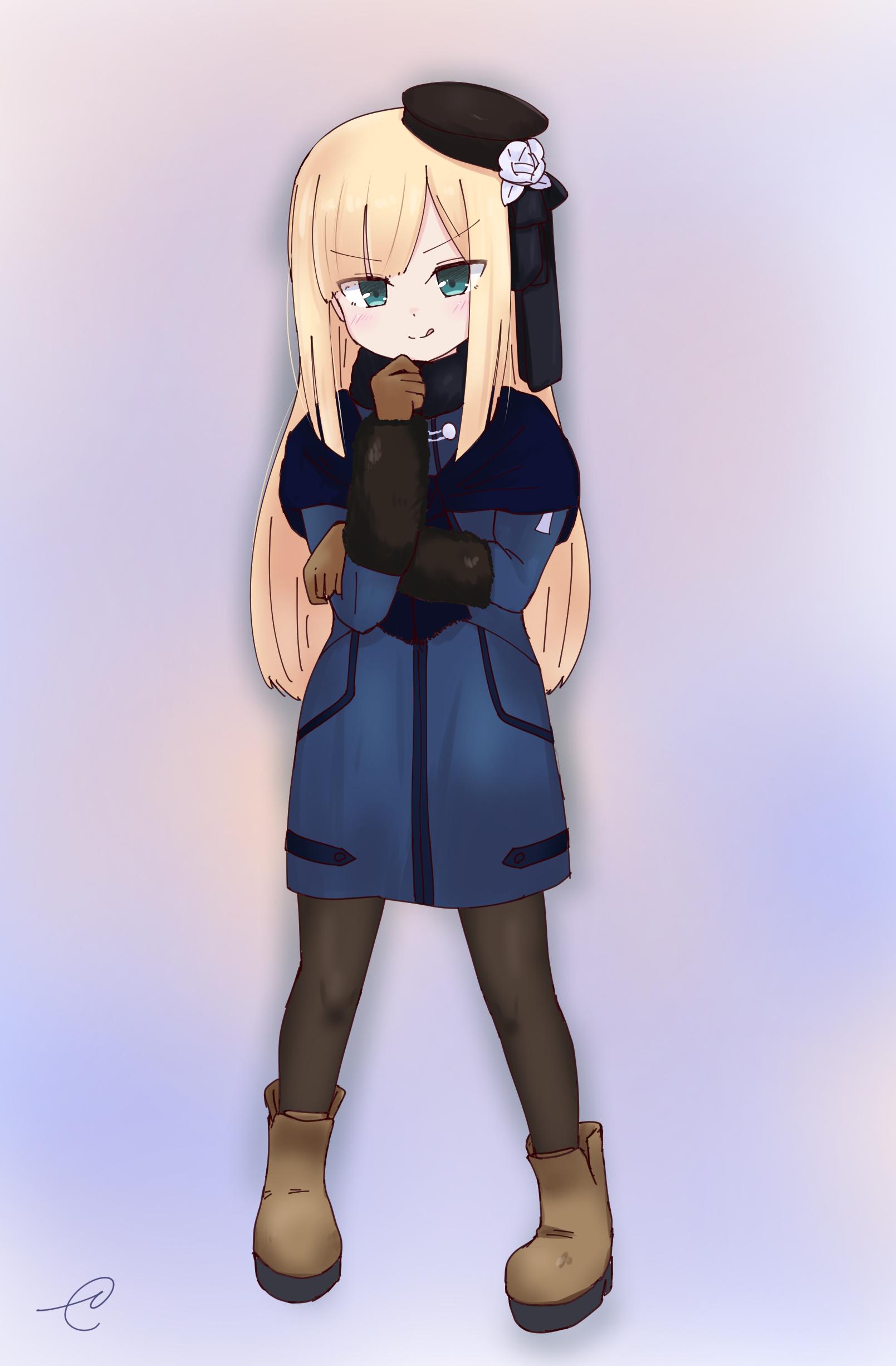 1girl :q absurdres bangs beret black_bow black_headwear blonde_hair blue_coat blush boots bow brown_footwear brown_gloves brown_legwear closed_mouth commentary_request eyebrows_visible_through_hair fate_(series) flower full_body gloves green_eyes hair_bow hand_up hat highres kujou_karasuma long_hair long_sleeves looking_at_viewer lord_el-melloi_ii_case_files pantyhose reines_el-melloi_archisorte rose signature sleeves_past_wrists smile solo standing tilted_headwear tongue tongue_out v-shaped_eyebrows very_long_hair white_flower white_rose