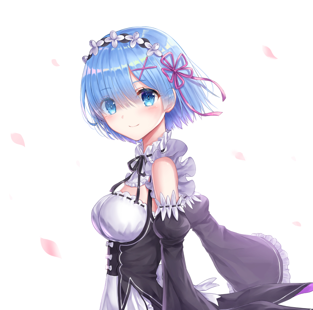 1girl apron bangs black_dress black_sleeves blue_eyes blue_hair blush breasts closed_mouth commentary_request detached_sleeves dress eyebrows_visible_through_hair frilled_apron frills hair_ornament hair_over_one_eye hair_ribbon juliet_sleeves long_sleeves medium_breasts petals pink_ribbon puffy_sleeves re:zero_kara_hajimeru_isekai_seikatsu rem_(re:zero) ribbon seungju_lee short_hair simple_background sleeves_past_fingers sleeves_past_wrists smile solo waist_apron white_background white_wings wings x_hair_ornament