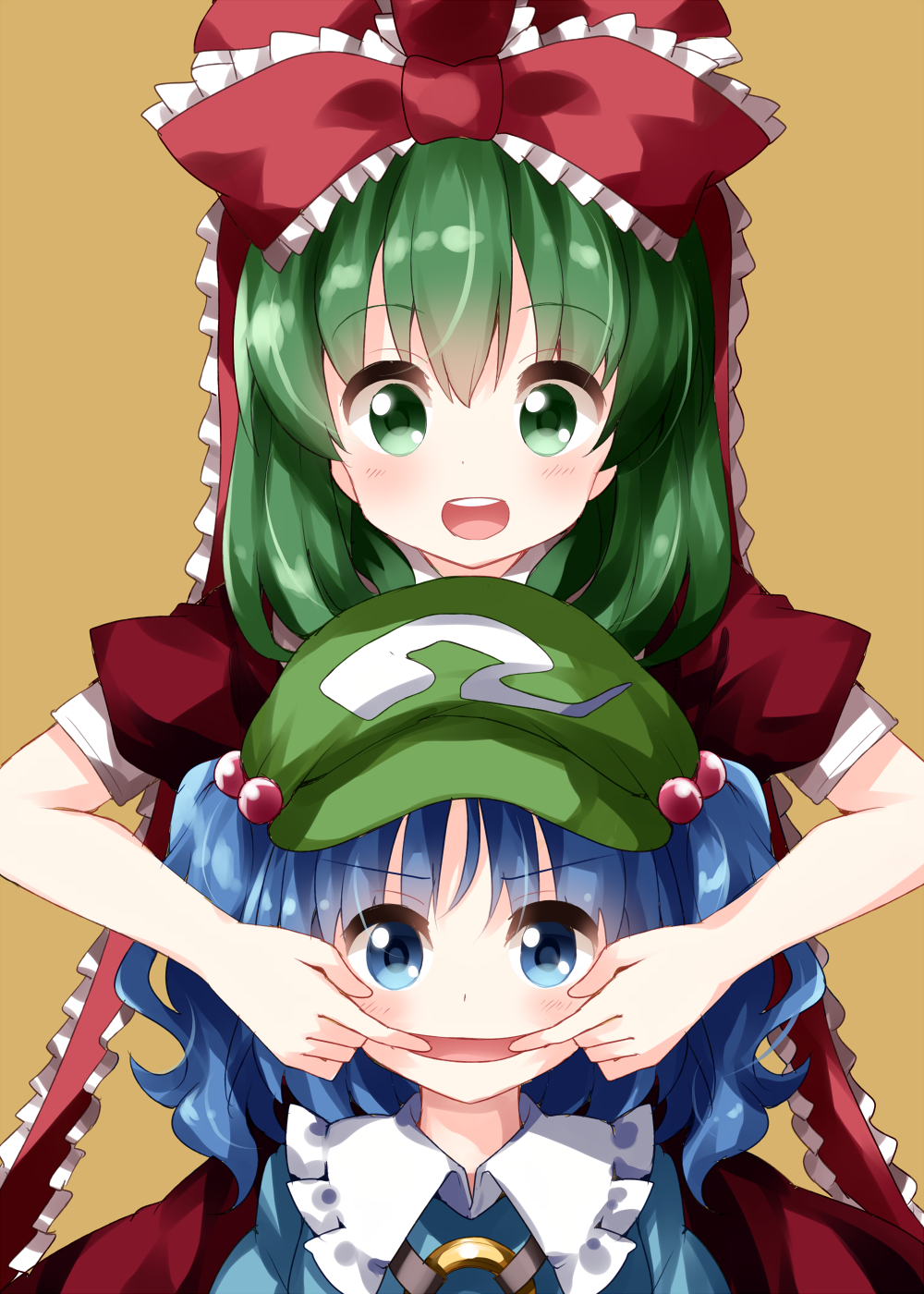 2girls :d bangs blue_eyes blue_hair blue_shirt blush cabbie_hat commentary_request dress eyebrows_visible_through_hair frilled_ribbon frilled_shirt_collar frills green_eyes green_hair green_headwear hair_between_eyes hair_bobbles hair_ornament hat highres kagiyama_hina kawashiro_nitori key looking_at_viewer mouth_pull multiple_girls open_mouth portrait puffy_short_sleeves puffy_sleeves red_dress red_ribbon ribbon ruu_(tksymkw) shirt short_hair short_sleeves simple_background smile touhou two_side_up yellow_background