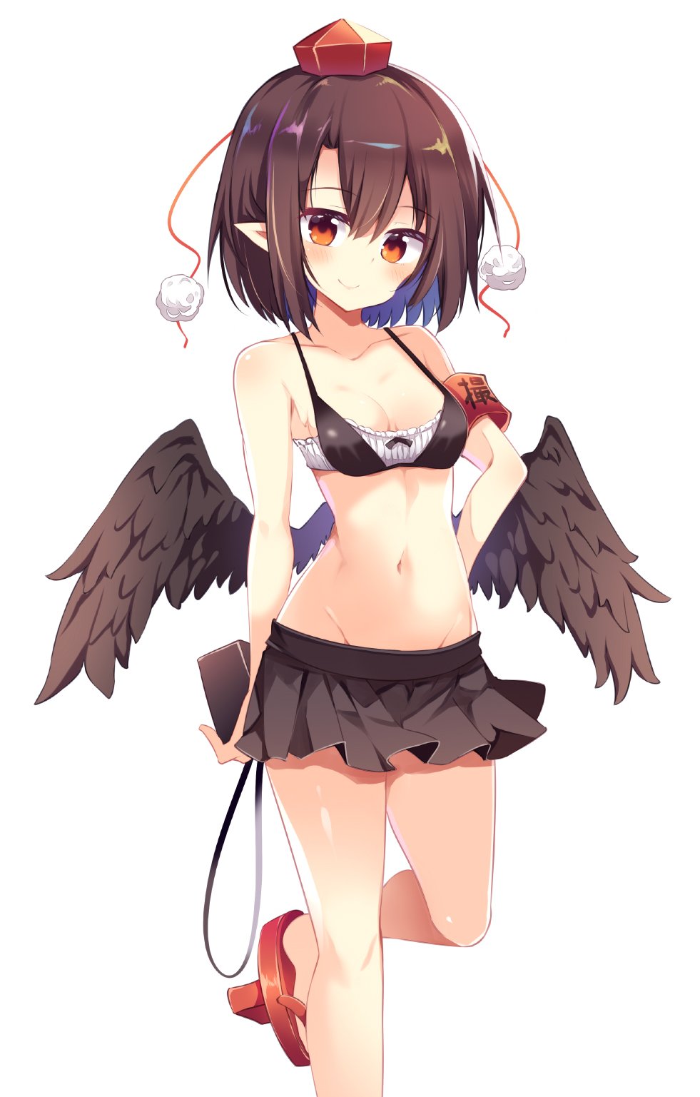 1girl armband bandeau bangs bare_arms bare_shoulders bikini black_bikini black_hair black_skirt black_wings blush breasts cleavage commentary_request eyebrows_visible_through_hair feathered_wings feet_out_of_frame geta groin hair_between_eyes hand_on_hip hat highres holding looking_at_viewer maturiuta_sorato medium_breasts miniskirt navel pleated_skirt pointy_ears pom_pom_(clothes) red_eyes red_footwear shameimaru_aya short_hair simple_background skirt smile solo standing standing_on_one_leg stomach swimsuit tassel tengu-geta thighs tokin_hat touhou white_background wings