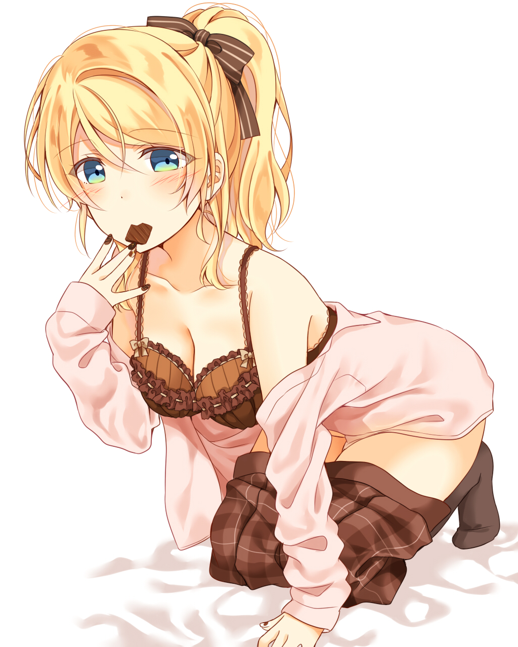 1girl \||/ all_fours ayase_eli bed_sheet black_bow black_legwear black_nails blonde_hair blue_eyes blush bow bra brown_bra brown_nails brown_skirt chocolate clothes_down collarbone commentary food_in_mouth frilled_bra frills hair_bow hand_to_own_mouth highres looking_at_viewer love_live! love_live!_school_idol_project mogu_(au1127) mouth_hold nail_polish open_clothes open_shirt plaid plaid_skirt ponytail sidelocks skirt skirt_pull solo striped striped_bow underwear white_background