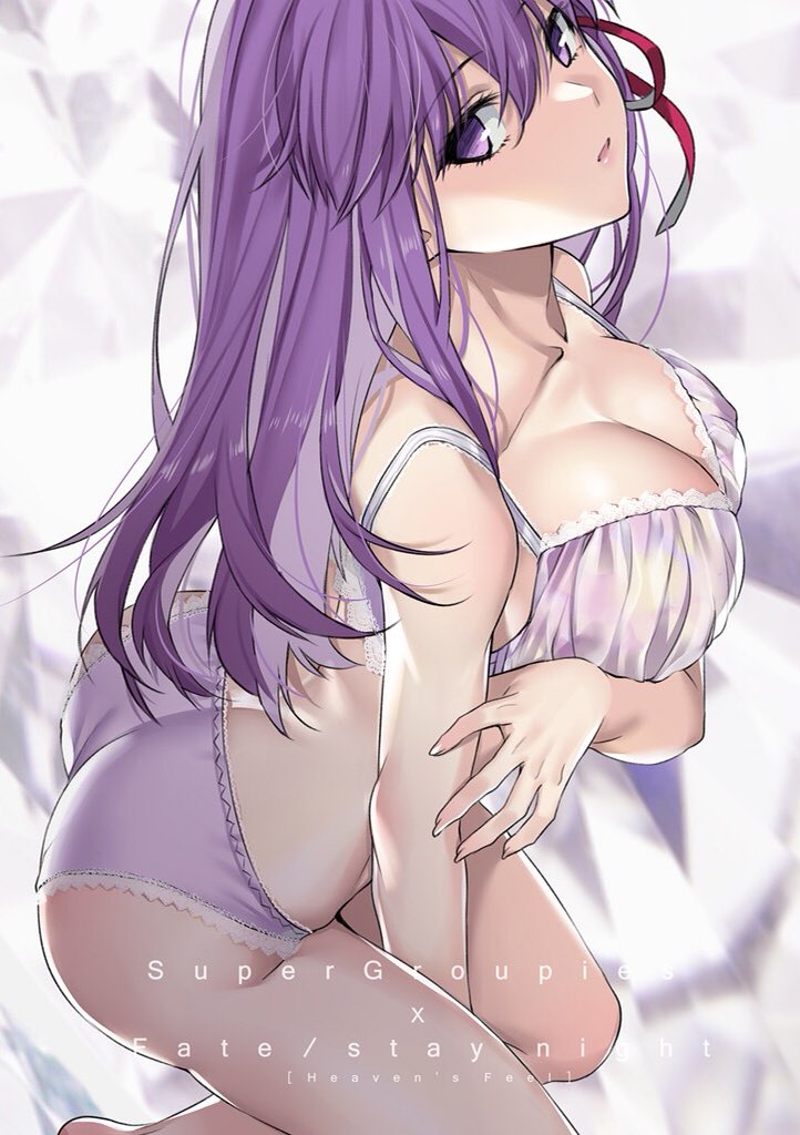 1girl :o ass between_legs blush bra breasts cleavage collarbone eyebrows_visible_through_hair fate/stay_night fate_(series) hair_ribbon hand_between_legs head_tilt kneeling lace lace-trimmed_bra lace-trimmed_panties large_breasts lingerie long_hair looking_at_viewer matou_sakura open_mouth panties pink_lips purple_bra purple_hair purple_panties red_ribbon ribbon solo thighs underwear underwear_only violet_eyes yaoshi_jun