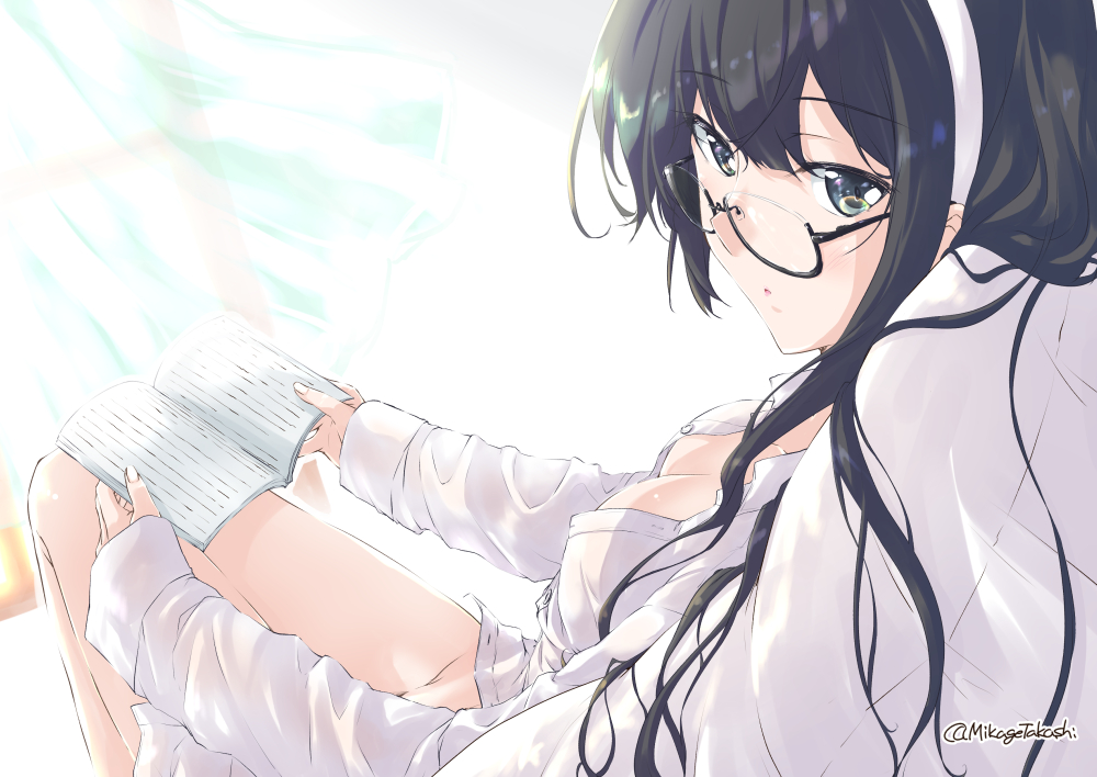 1girl bare_legs black-framed_eyewear black_hair book breasts cleavage dress_shirt glasses grey_hair hairband kantai_collection long_hair looking_at_viewer mikage_takashi ooyodo_(kantai_collection) open_clothes open_shirt pillow reading shirt sideways_glance sitting solo