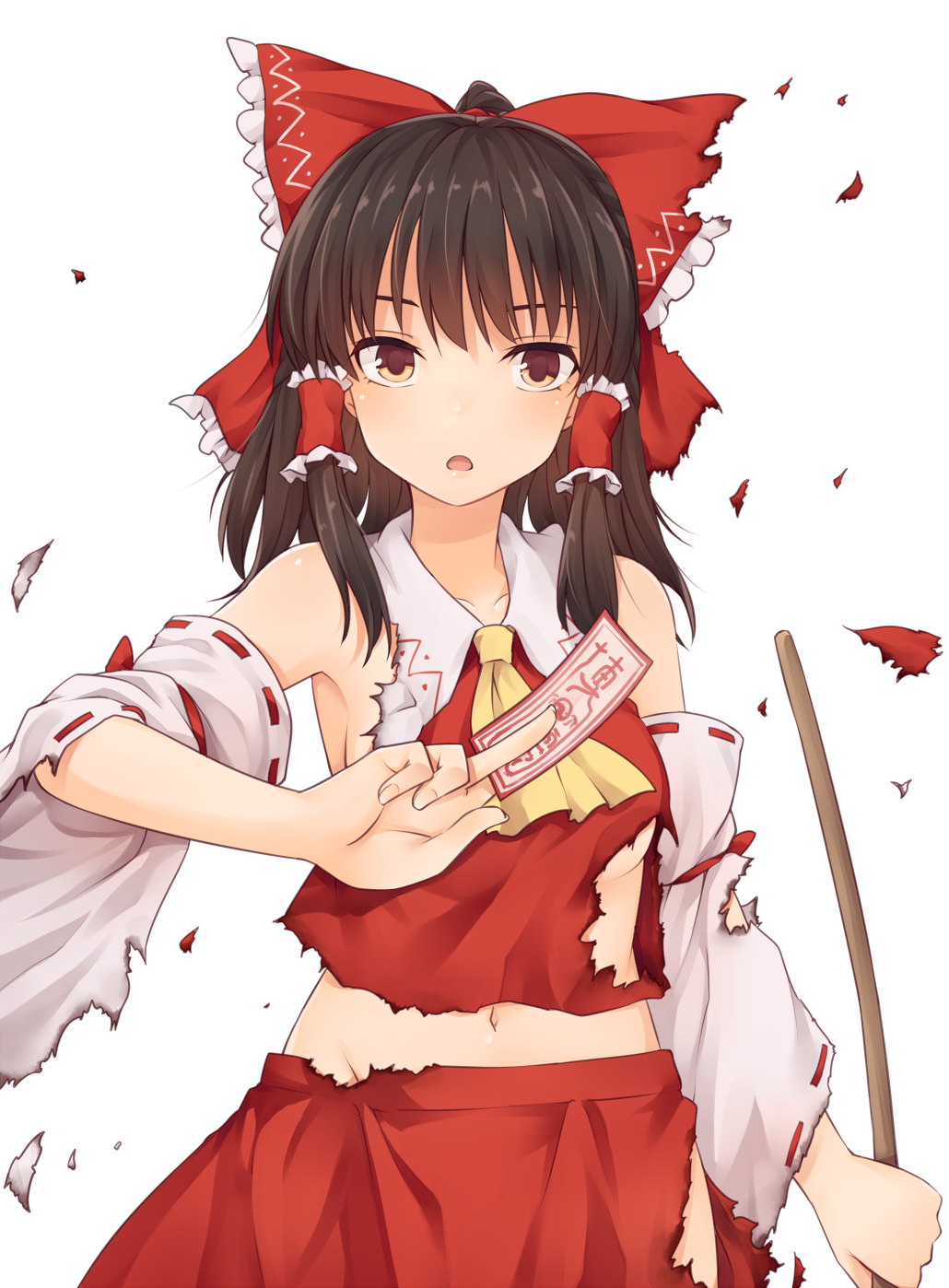 1girl ascot bangs bare_shoulders belly_peek black_hair bow breasts brown_eyes collarbone commentary_request cowboy_shot detached_sleeves frilled_bow frills gohei groin hair_bow hair_tubes hakurei_reimu highres holding long_hair long_sleeves looking_at_viewer medium_breasts midriff miyo_(ranthath) navel ofuda open_mouth red_bow red_skirt ribbon-trimmed_sleeves ribbon_trim sidelocks simple_background skirt skirt_set solo standing torn_clothes torn_skirt torn_sleeves touhou white_background wide_sleeves yellow_neckwear