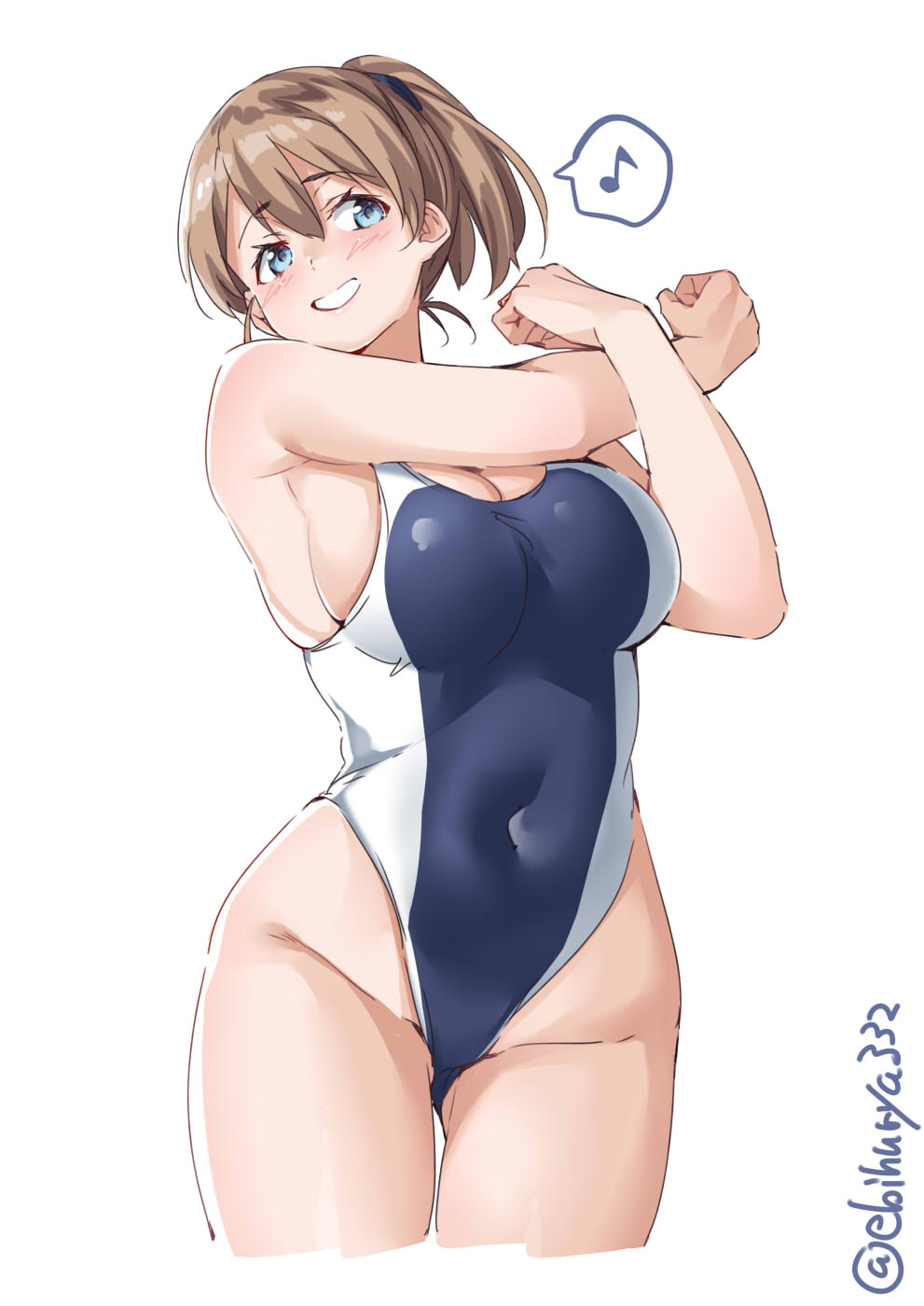 1girl alternate_costume bangs bare_shoulders blue_eyes blush breasts brown_hair cleavage competition_swimsuit covered_navel cowboy_shot cropped_legs ebifurya eyebrows_visible_through_hair gluteal_fold hair_between_eyes highleg highleg_swimsuit highres intrepid_(kantai_collection) kantai_collection large_breasts long_hair looking_at_viewer musical_note navel one-piece_swimsuit open_mouth ponytail short_hair simple_background skindentation smile solo standing stretch swimsuit twitter_username white_background