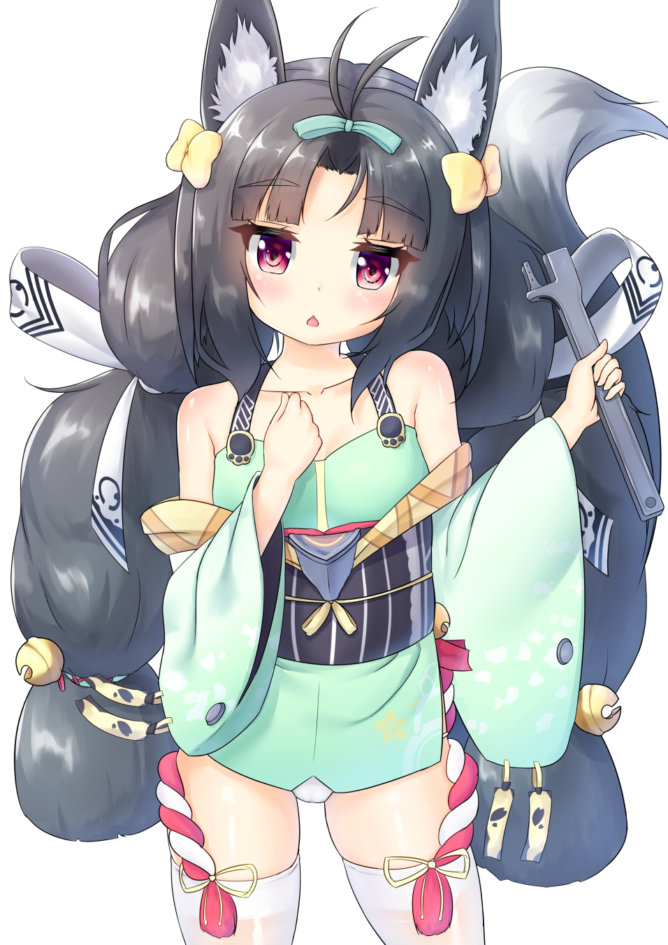 1girl animal_ears azur_lane black_hair blush braid breasts collarbone commentary_request detached_sleeves fox_ears fox_tail hair_ornament highres japanese_clothes long_hair looking_at_viewer open_mouth red_eyes remodel_(azur_lane) ribbon simple_background small_breasts solo tail thigh-highs twin_braids waftil white_background wrench yuubari_(azur_lane)