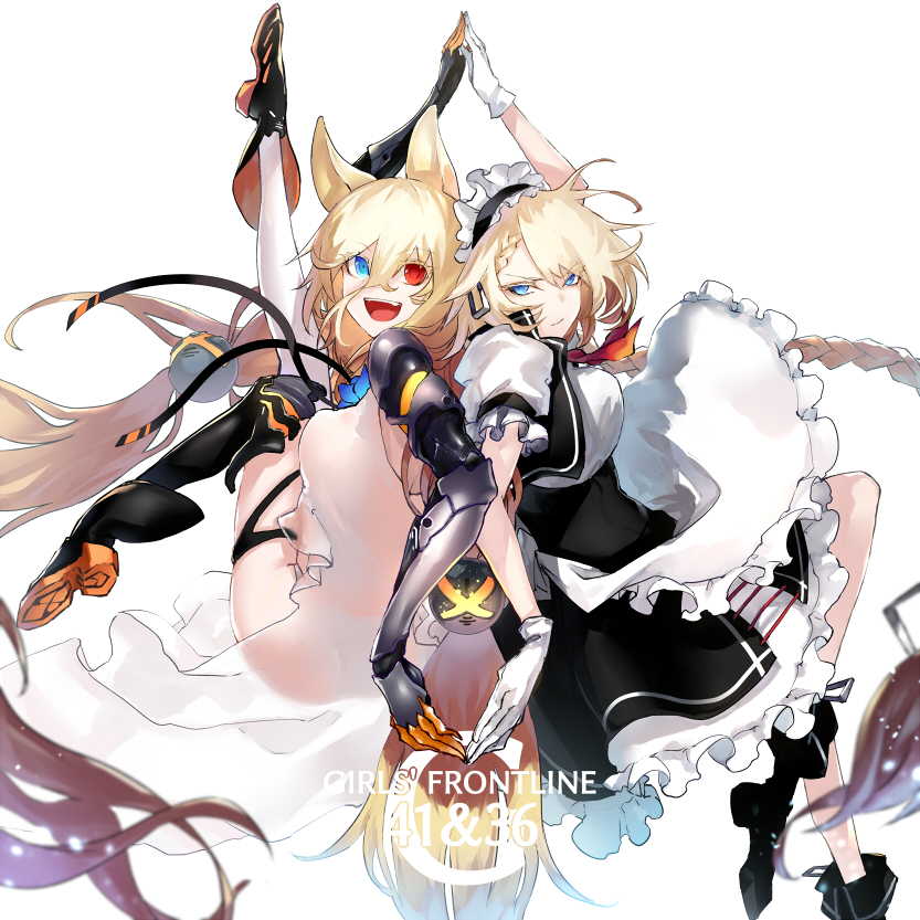 animal_ears back-to-back blonde_hair blue_eyes character_name commentary_request copyright_name english_text fujinohara_akihira g36_(girls_frontline) g41_(girls_frontline) girls_frontline gloves heterochromia long_hair maid maid_headdress mechanical_arm ponytail red_eyes shoes tail thighs