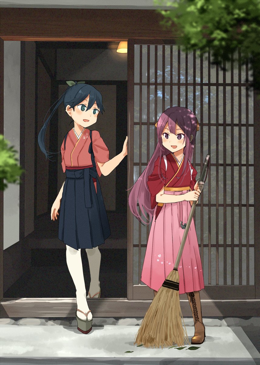 2girls annin_musou architecture black_hair boots broom brown_eyes commentary_request door east_asian_architecture geta grey_eyes hair_between_eyes hair_ribbon hakama highres holding holding_broom houshou_(kantai_collection) japanese_clothes kamikaze_(kantai_collection) kantai_collection kimono long_hair long_sleeves meiji_schoolgirl_uniform multiple_girls pantyhose platform_footwear ponytail purple_hair ribbon shadow sliding_doors smile tabi white_legwear wide_sleeves