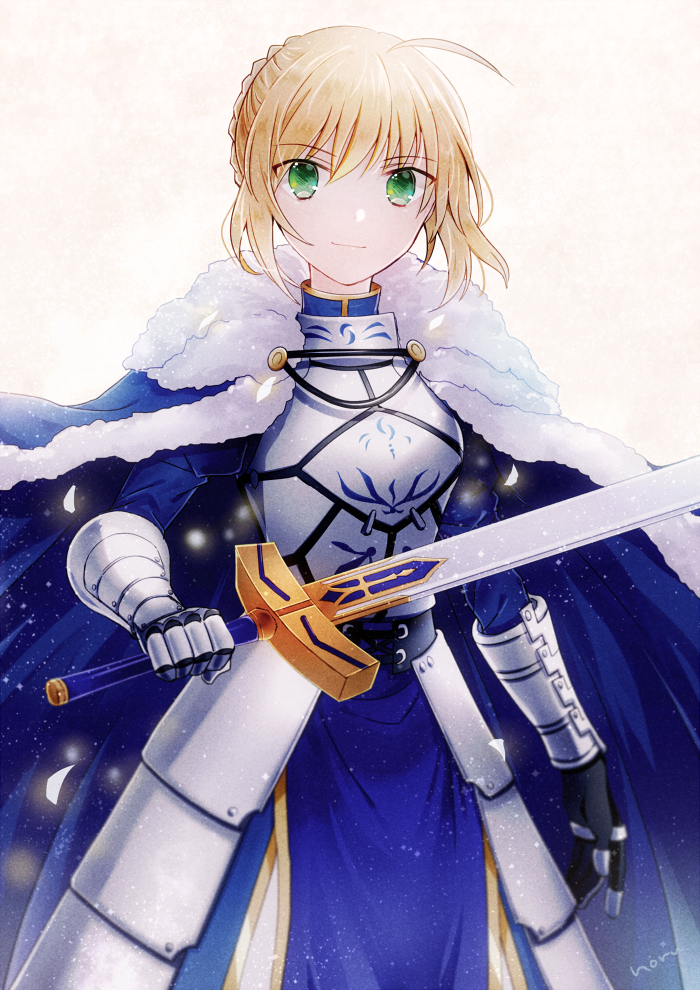 1girl ahoge armor armored_dress artoria_pendragon_(all) blonde_hair blue_cape blue_dress braid breasts cape commentary_request dress excalibur eyebrows_visible_through_hair fate/grand_order fate/stay_night fate_(series) fur_collar fur_trim gauntlets green_eyes hair_ribbon holding holding_sword holding_weapon looking_at_viewer noru_(lila2) ribbon saber short_hair smile solo sword weapon