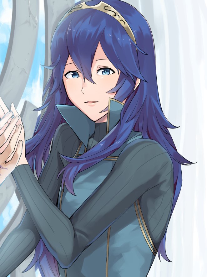 1boy 1girl a_meno0 bed blue_eyes blue_hair blush couple fire_emblem fire_emblem:_kakusei hair_between_eyes hand_holding intelligent_systems long_hair looking_at_viewer lucina male_my_unit_(fire_emblem:_kakusei) mamkute my_unit_(fire_emblem:_kakusei) nintendo simple_background smile tattoo tiara