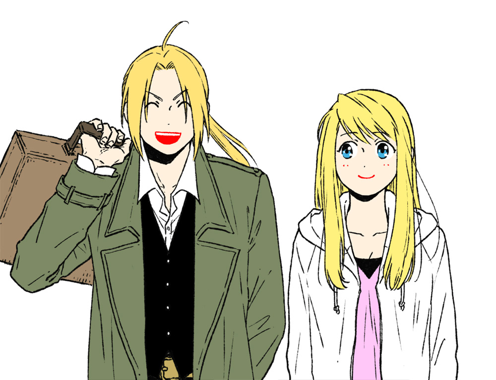 1boy 1girl ^_^ ahoge arm_at_side blonde_hair blue_eyes breasts carrying carrying_over_shoulder cleavage closed_eyes closed_eyes coat dress_shirt edward_elric eyebrows_visible_through_hair floating_hair fullmetal_alchemist grey_coat hanayama_(inunekokawaii) happy height_difference jacket long_hair looking_at_another open_mouth pink_shirt ponytail shirt simple_background smile suitcase teeth upper_body upper_teeth v-shaped_eyebrows vest white_background white_jacket white_shirt winry_rockbell