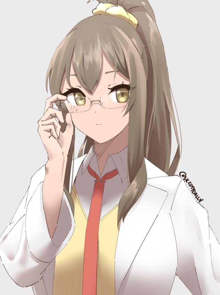 1girl bangs breasts brown_eyes brown_hair closed_mouth collared_shirt futaba_rio glasses hair_between_eyes holding holding_eyewear labcoat large_breasts long_hair necktie red_neckwear school_uniform seishun_buta_yarou shirt skeptycally solo