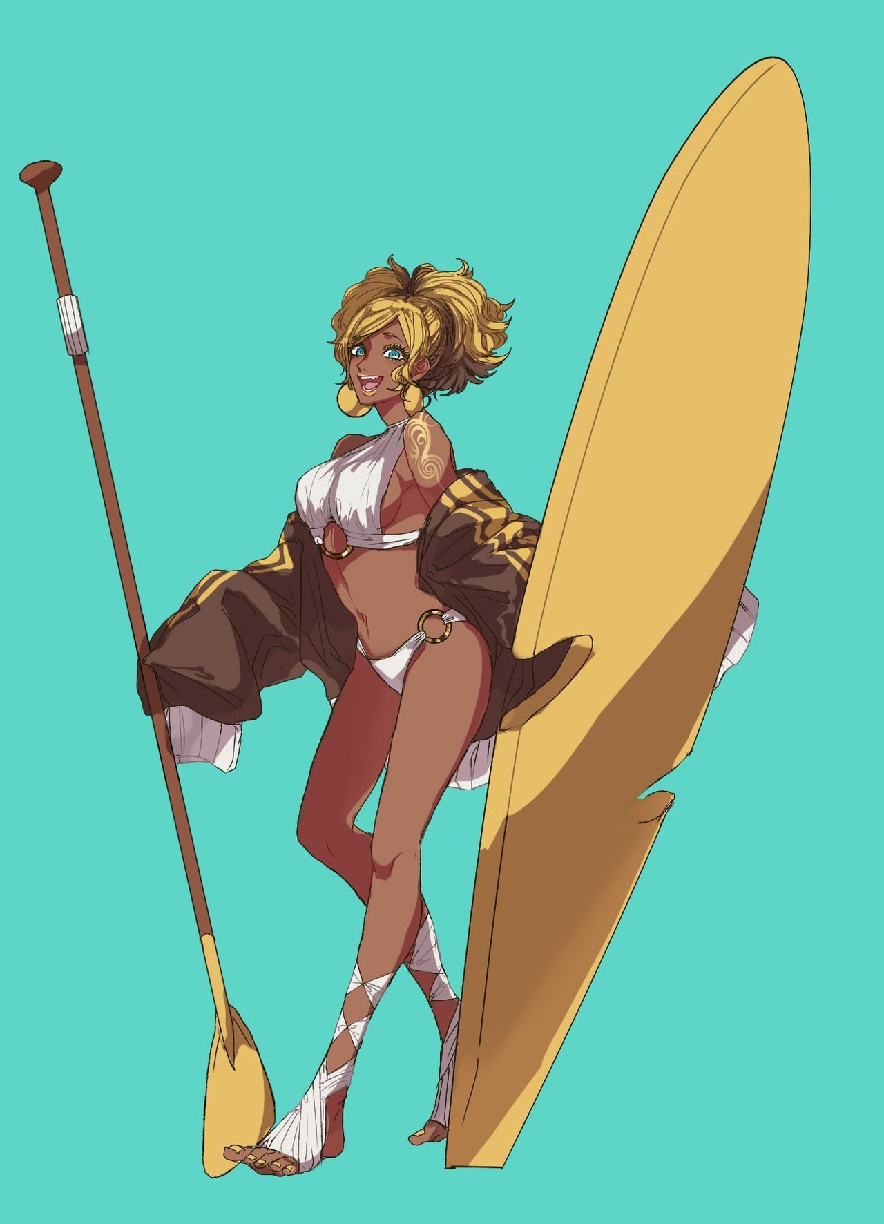 1girl :d alolan_raichu aqua_background artist_request bangs barefoot black_jacket blonde_hair blue_eyes breasts creatures_(company) dark_skin earrings full_body game_freak ganguro hair_up highres holding holding_oar jacket jewelry lipstick looking_at_viewer makeup medium_breasts medium_hair nail_polish navel nintendo o-ring oar off_shoulder open_mouth parted_bangs personification pokemon pokemon_(game) pokemon_sm sideboob smile solo standing surfboard tattoo yellow_earrings yellow_nails