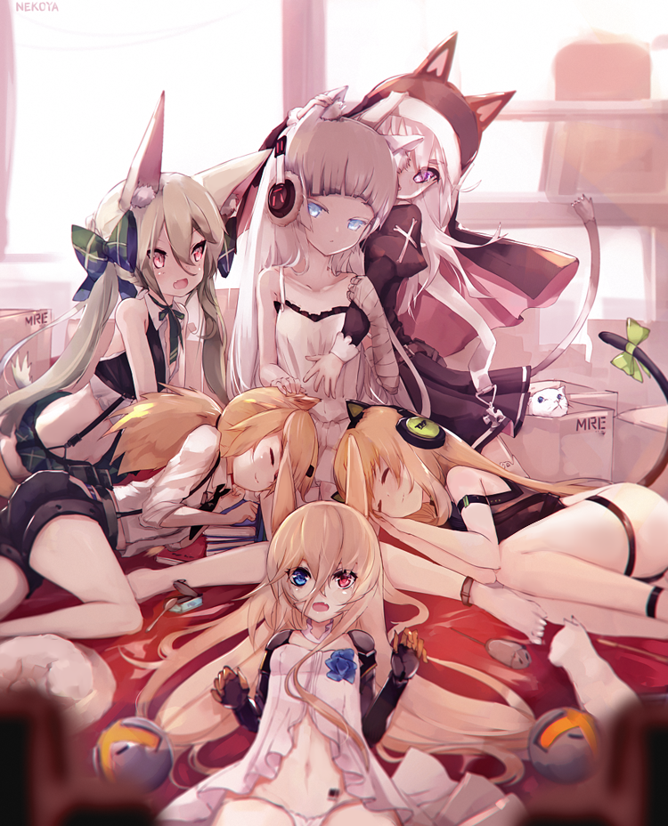 6+girls :d animal animal_ear_fluff animal_ears art556_(girls_frontline) ass awp_(girls_frontline)_(dyolf) babydoll bandage bandaged_arm bandages bangs bare_arms bare_shoulders black_dress black_shorts blonde_hair blue_eyes blurry blurry_foreground blush bow cat cat_ear_headphones cat_ears cat_girl character_name closed_eyes closed_mouth collarbone collared_shirt colored_eyelashes commentary_request crop_top depth_of_field dress dyolf eyebrows_visible_through_hair fake_animal_ears fang g41_(girls_frontline) girls_frontline green_bow green_hair green_skirt grey_hair hair_between_eyes hair_bow hair_ornament hand_on_another's_head head_tilt headphones heterochromia idw_(girls_frontline) indoors juliet_sleeves long_hair long_sleeves looking_at_viewer lying multiple_girls navel on_side open_mouth original p7_(girls_frontline) plaid plaid_skirt pleated_skirt puffy_sleeves red_eyes shirt short_shorts shorts signature skirt sleeveless sleeveless_dress smile suspender_shorts suspenders tail tail_bow tail_raised thigh_strap tmp_(girls_frontline) very_long_hair violet_eyes white_babydoll white_cat white_dress white_shirt window
