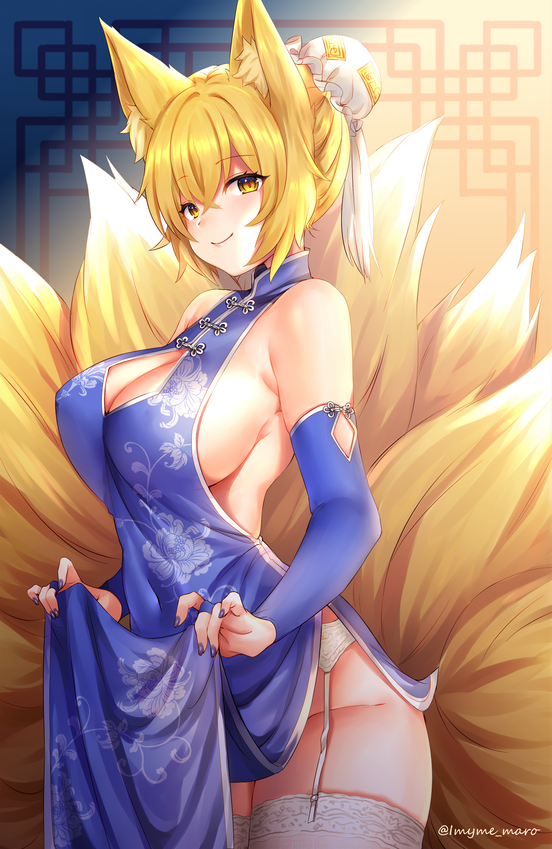 1girl alternate_costume animal_ear_fluff animal_ears bangs bare_shoulders blonde_hair blue_dress blue_gloves blush breasts bridal_gauntlets bun_cover china_dress chinese_clothes cleavage cleavage_cutout commentary_request cowboy_shot detached_sleeves dress elbow_gloves eyebrows_visible_through_hair fingerless_gloves fox_ears fox_tail garter_belt gloves hair_between_eyes hair_bun large_breasts looking_at_viewer marota multiple_tails nail_polish no_hat no_headwear no_panties pelvic_curtain short_hair sideboob sleeveless sleeveless_dress solo tail thigh-highs touhou white_legwear yakumo_ran yellow_eyes