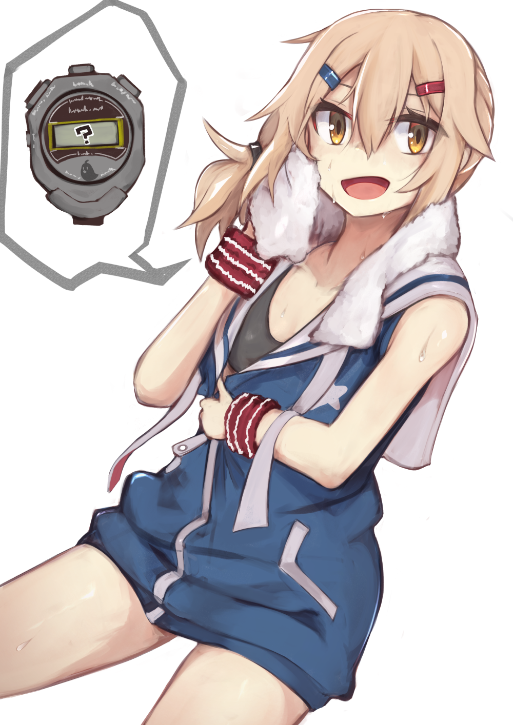 1girl azur_lane bangs blonde_hair breasts commentary_request drying hair_between_eyes highres jersey marshall2033 maury_(azur_lane) medium_hair open_mouth side_ponytail simple_background sleeveless small_breasts smile solo speech_bubble spoken_object sports_bra sportswear stopwatch sweat sweatband towel watch white_background yellow_eyes