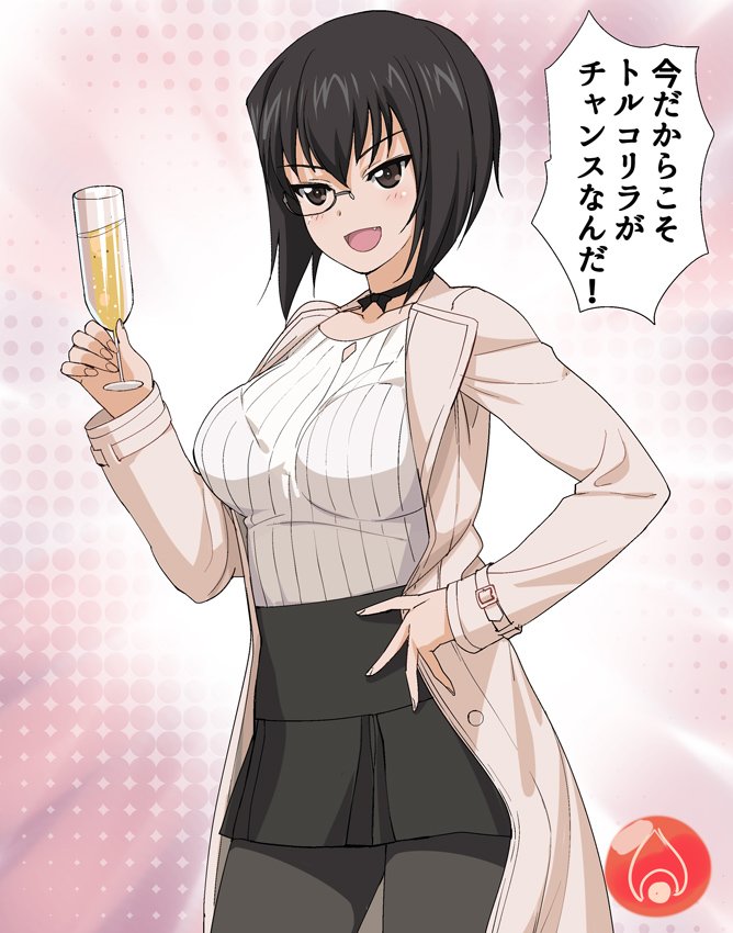 1girl a1 alcohol black_hair black_legwear black_neckwear blush breasts champagne choker collarbone cup drinking_glass eyebrows eyebrows_visible_through_hair fang girls_und_panzer glasses gradient gradient_background kawashima_momo large_breasts monocle open_mouth pantyhose pink_background polka_dot polka_dot_background shiny shiny_hair shiny_skin short_hair simple_background skirt smile solo speech_bubble translation_request two-tone_background white_background wine_glass