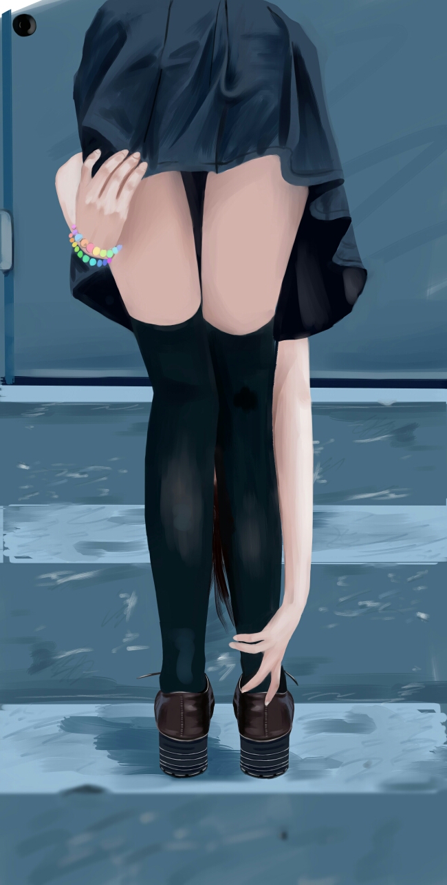 1girl bent_over black_legwear bracelet commentary_request facing_away from_behind hand_on_ankle hand_on_own_leg highres holding_own_ankle jewelry legs loafers lower_body original over-kneehighs pleated_skirt road sayaoflin shoes skirt skirt_tug solo standing street thigh-highs thigh_gap