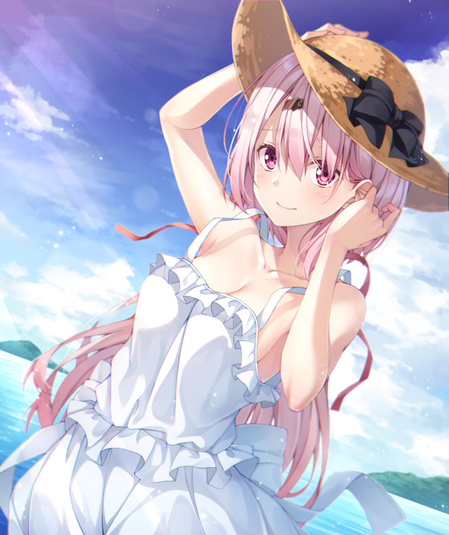 1girl arm_up bangs bare_arms bare_shoulders black_bow blue_sky blush bow breasts cleavage closed_mouth clouds collarbone day dress eyebrows_visible_through_hair hair_between_eyes hair_ribbon hand_on_headwear hand_up hat hat_bow long_hair medium_breasts nijisanji outdoors pink_hair red_eyes red_ribbon ribbon shiina_yuika sky sleeveless sleeveless_dress smile solo sun_hat sundress very_long_hair virtual_youtuber white_dress yuuri_nayuta