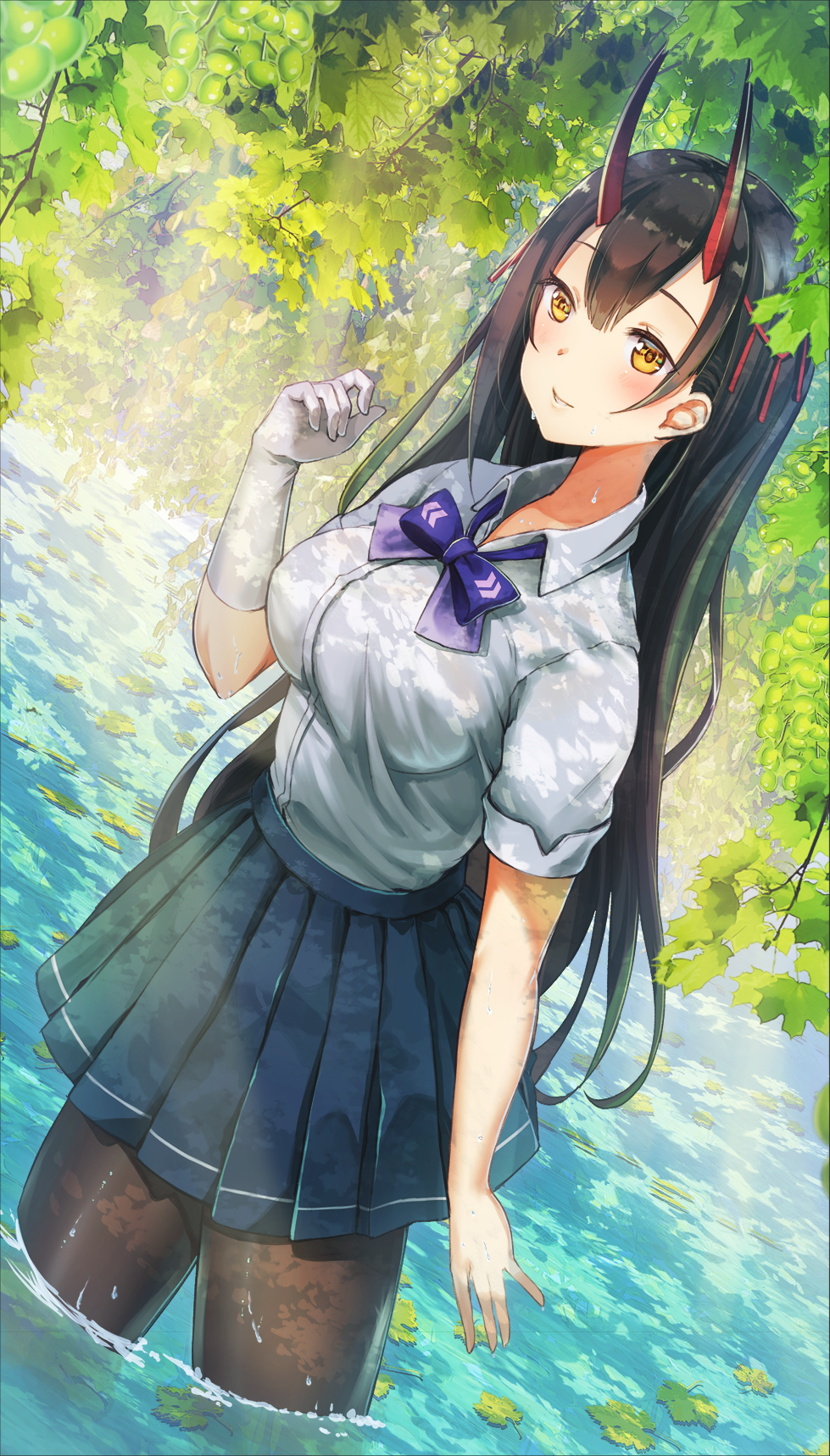 1girl azur_lane black_hair blue_neckwear blue_skirt bow bowtie breasts brown_eyes brown_legwear collared_shirt day dress_shirt dutch_angle gloves hair_ornament hand_up highres large_breasts leaf long_hair looking_at_viewer nature oni_horns outdoors pantyhose parted_lips plant pleated_skirt school_uniform shirt shirt_tucked_in sidelocks single_glove skirt solo sunlight suzuya_(azur_lane) sweat very_long_hair wading water white_gloves white_shirt yu_ni_t