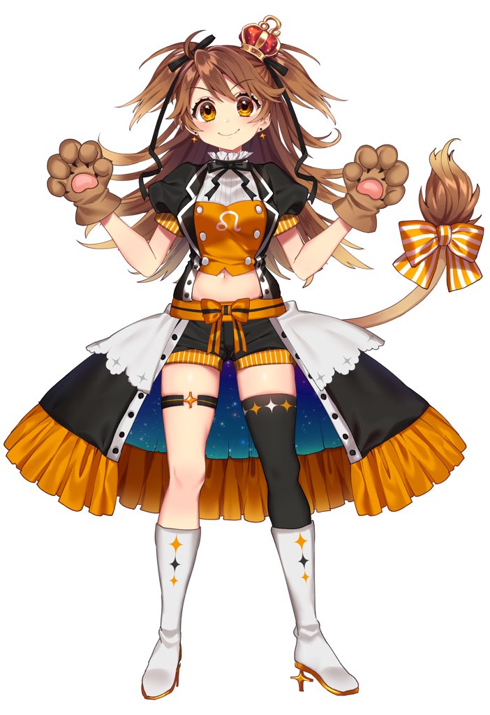 1girl bangs black_legwear black_shorts boots bow brown_hair closed_mouth commentary crown earrings eyebrows_visible_through_hair full_body g gloves hands_up high_heel_boots high_heels jewelry lion_tail looking_at_viewer mini_crown navel official_art open_clothes open_skirt paw_gloves paws puffy_short_sleeves puffy_sleeves re:act sakura_yuki_(clochette) shishigami_leona short_sleeves shorts simple_background single_thighhigh skirt smile solo standing star star_earrings tachi-e tail tail_bow thigh-highs two_side_up virtual_youtuber white_background white_footwear yellow_eyes