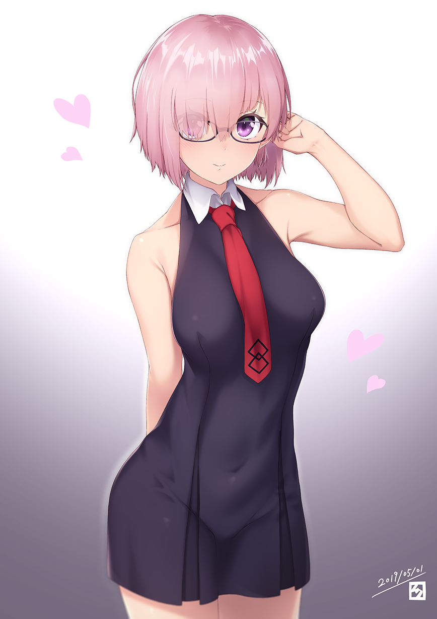 1girl arm_behind_back arm_up bangs bare_arms bare_shoulders black-framed_eyewear black_dress blush breasts closed_mouth collarbone commentary_request covered_navel dated dress eyebrows_visible_through_hair eyes_visible_through_hair fate/grand_order fate_(series) glasses gradient gradient_background hair_between_eyes hair_over_one_eye heart highres looking_at_viewer mash_kyrielight medium_breasts mku necktie no_legwear pink_hair red_neckwear short_hair sleeveless sleeveless_dress smile solo violet_eyes