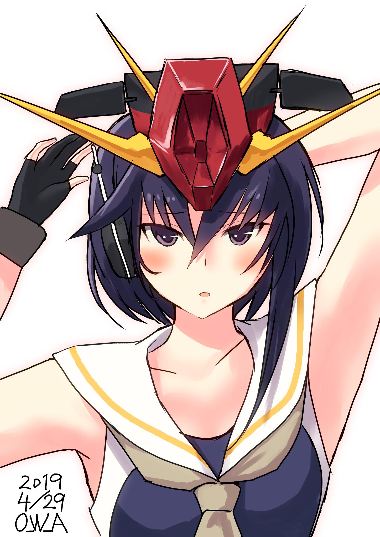 1girl artist_name asymmetrical_hair black_gloves black_hair blush brown_eyes dated eyebrows_visible_through_hair facing_viewer framed_breasts gloves gundam gundam_zz hair_between_eyes headgear highres i-13_(kantai_collection) kantai_collection looking_up open_mouth owa_(ishtail) partly_fingerless_gloves school_swimsuit short_hair simple_background solo swimsuit tsurime upper_body white_background zz_gundam