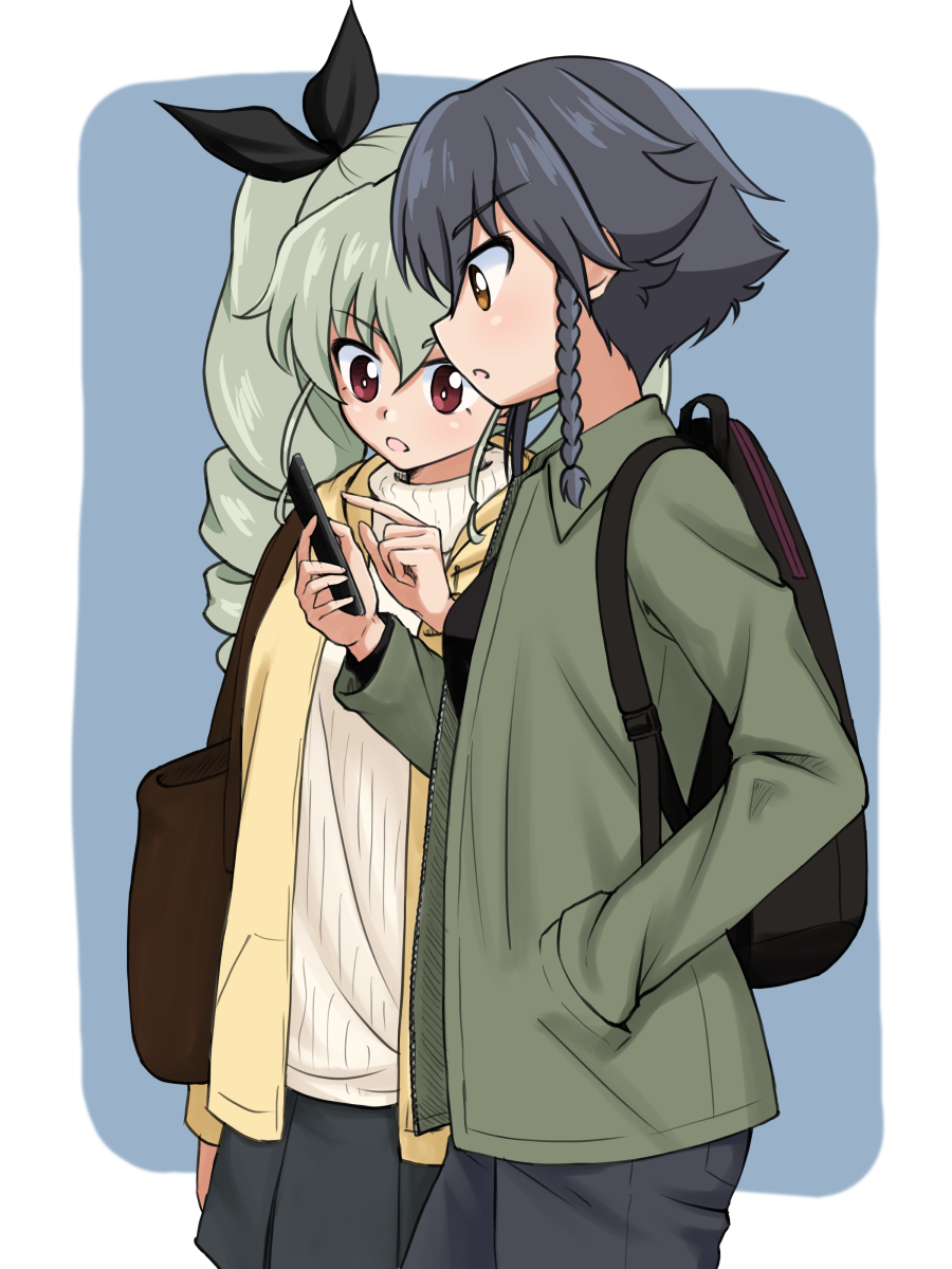 2girls anchovy backpack bag bangs black_hair black_pants black_ribbon black_shirt black_skirt blue_background braid brown_eyes brown_jacket casual cellphone commentary cowboy_shot drill_hair eyebrows_visible_through_hair from_side girls_und_panzer green_hair hair_ribbon hair_tie hand_in_pocket highres holding holding_cellphone holding_phone jacket long_hair long_sleeves miniskirt multiple_girls open_clothes open_jacket open_mouth outside_border pants pepperoni_(girls_und_panzer) phone pleated_skirt pointing red_eyes ribbed_sweater ribbon rounded_corners ruka_(piyopiyopu) shirt short_hair side_braid skirt smartphone standing sweater turtleneck twin_drills twintails white_sweater yellow_jacket