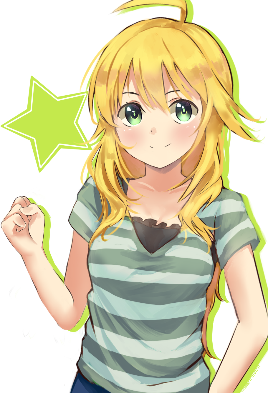 1girl ahoge blonde_hair blush breasts cleavage collarbone green_eyes green_shirt highres hoshii_miki i.f.s.f idolmaster idolmaster_(classic) long_hair looking_at_viewer medium_breasts shirt short_sleeves smile solo standing star striped striped_shirt upper_body very_long_hair white_background